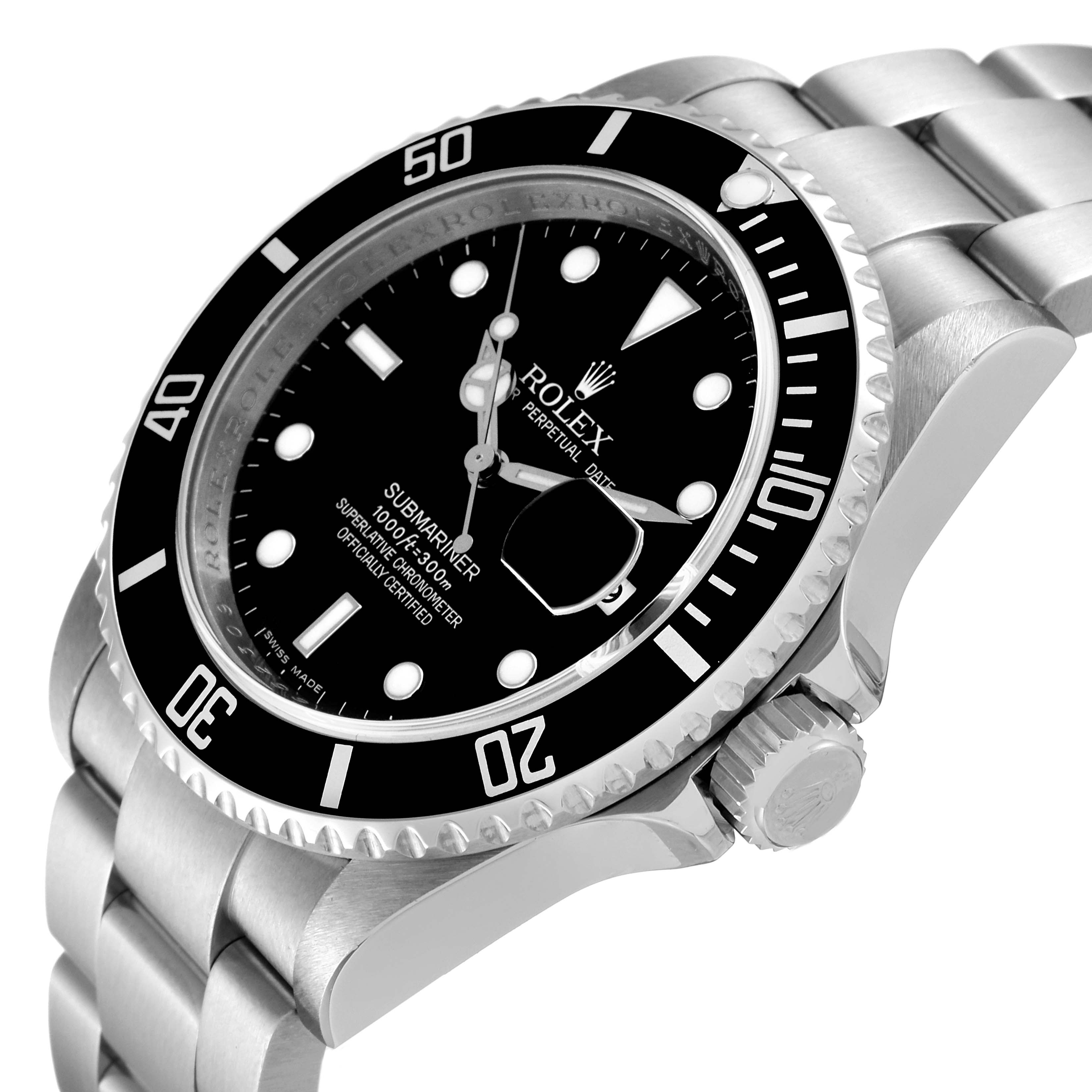 The Rolex Submariner 16610 Men
s Stainless Steel Black Dial 16610 Men
s Stainless Steel Black Dial watch is shown at an angled close-up, highlighting the bezel, dial, crown, and part of the bracelet.