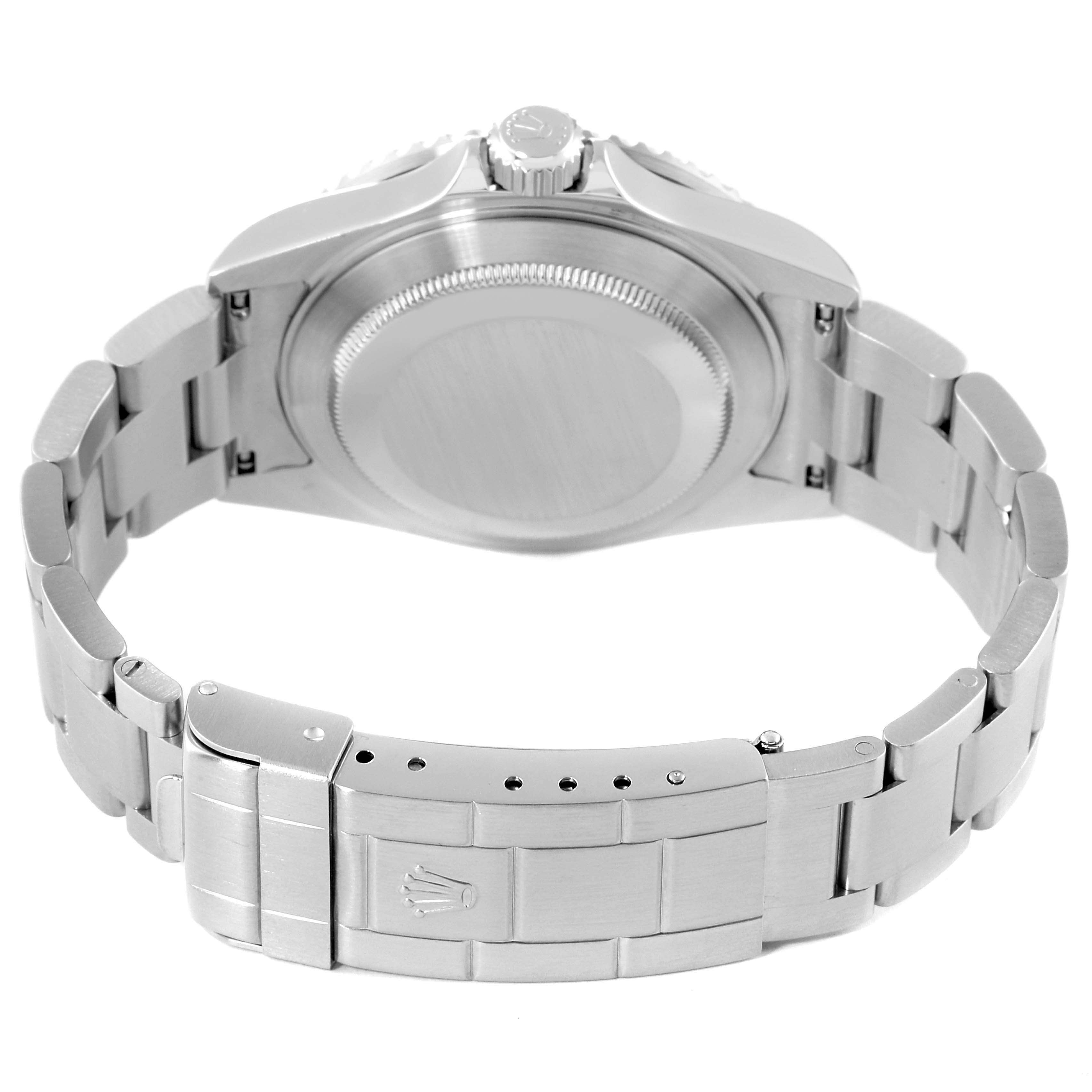 This image shows the back case and metal bracelet of the Rolex Submariner 16610 Men
s Stainless Steel Black Dial 16610 Men
s Stainless Steel Black Dial watch from a rear angle.