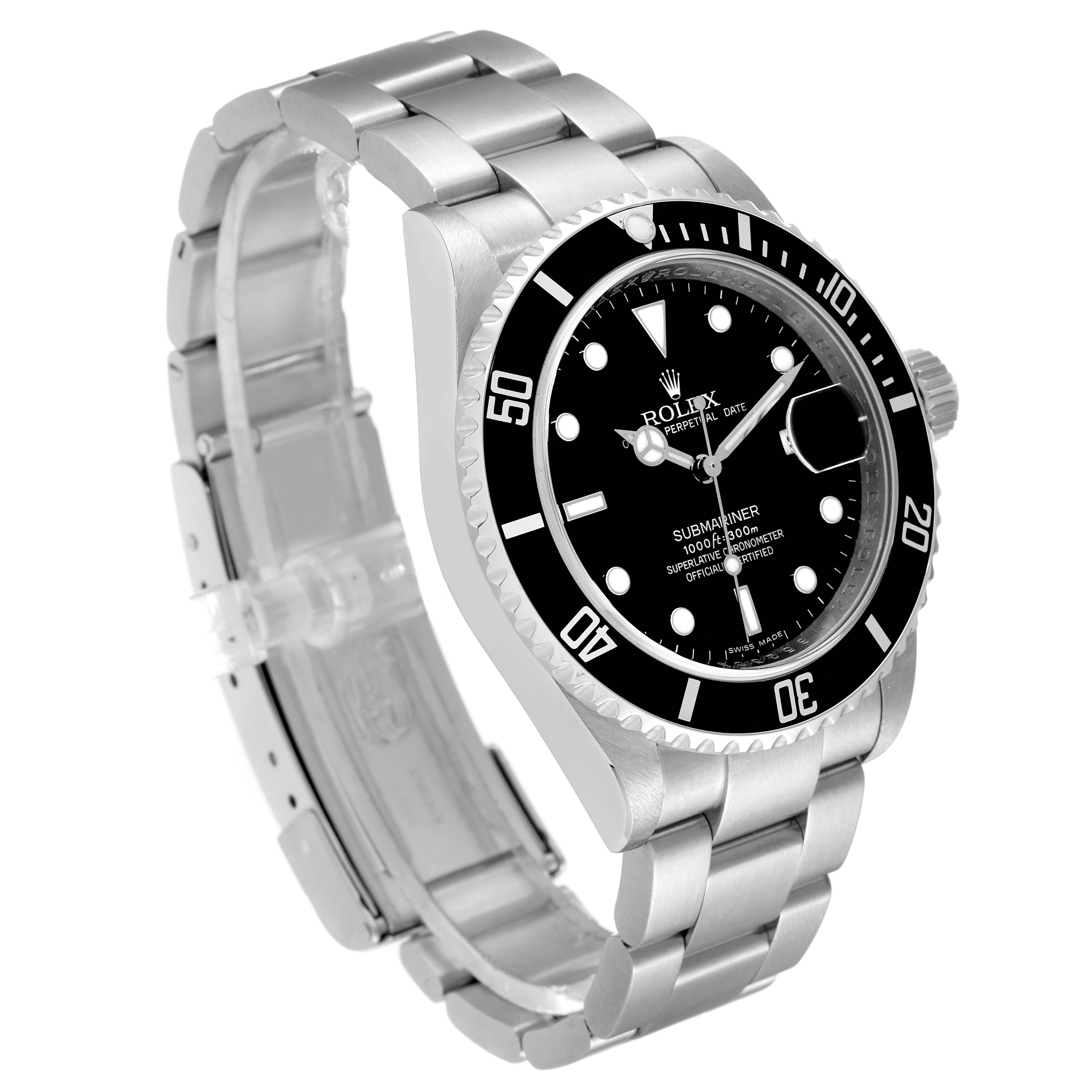 The image shows a Rolex Submariner 16610 Men
s Stainless Steel Black Dial 16610 Men
s Stainless Steel Black Dial watch from an angled top-left view, highlighting its face, bezel, crown, and bracelet.