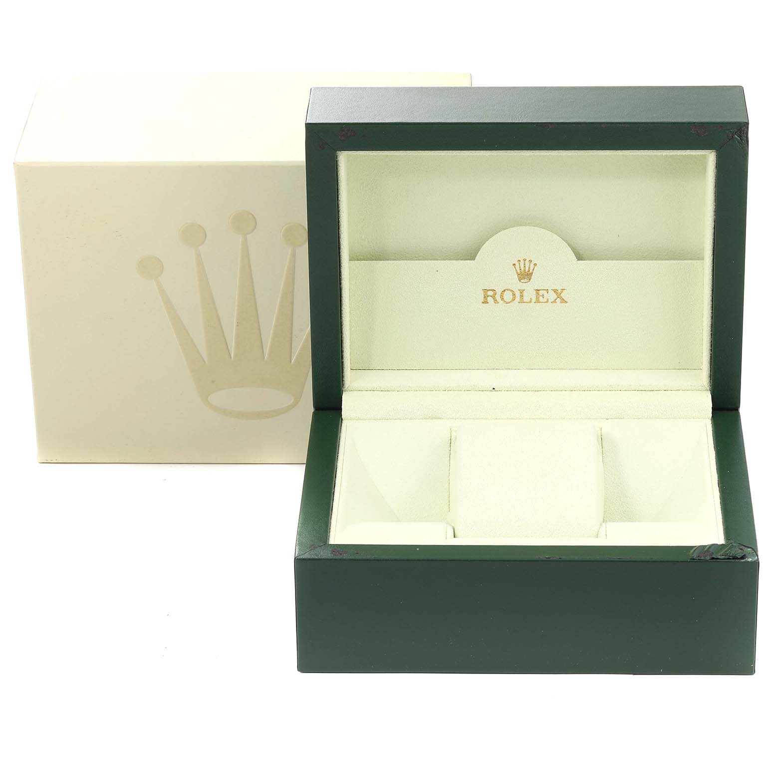 The image shows an open Rolex Submariner 16610 Men
s Stainless Steel Black Dial 16610 Men
s Stainless Steel Black Dial watch box, revealing its empty interior compartments.