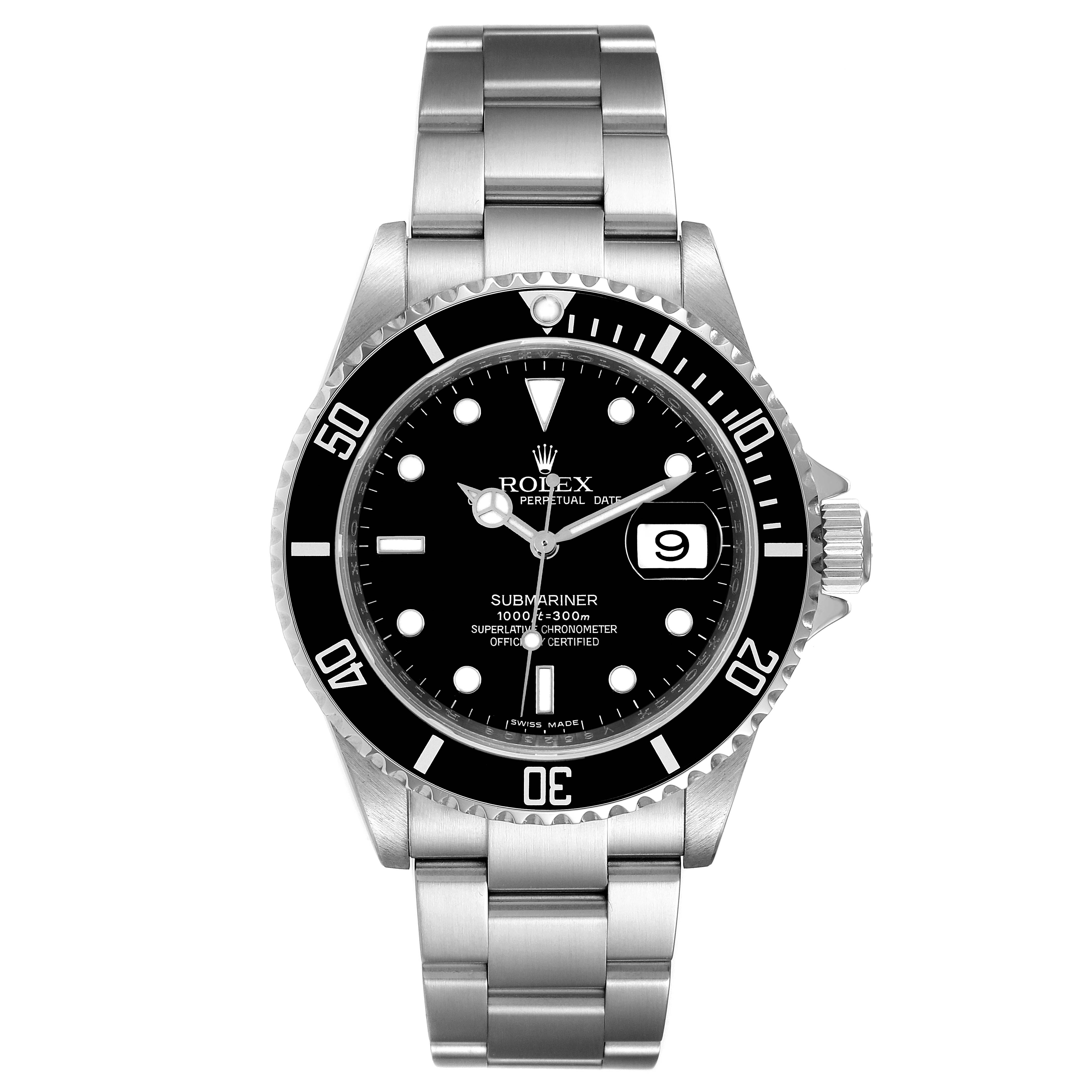 This is a front angle view of a Rolex Submariner 16610 Men
s Stainless Steel Black Dial 16610 Men
s Stainless Steel Black Dial watch showing the face, bezel, date window, and bracelet.