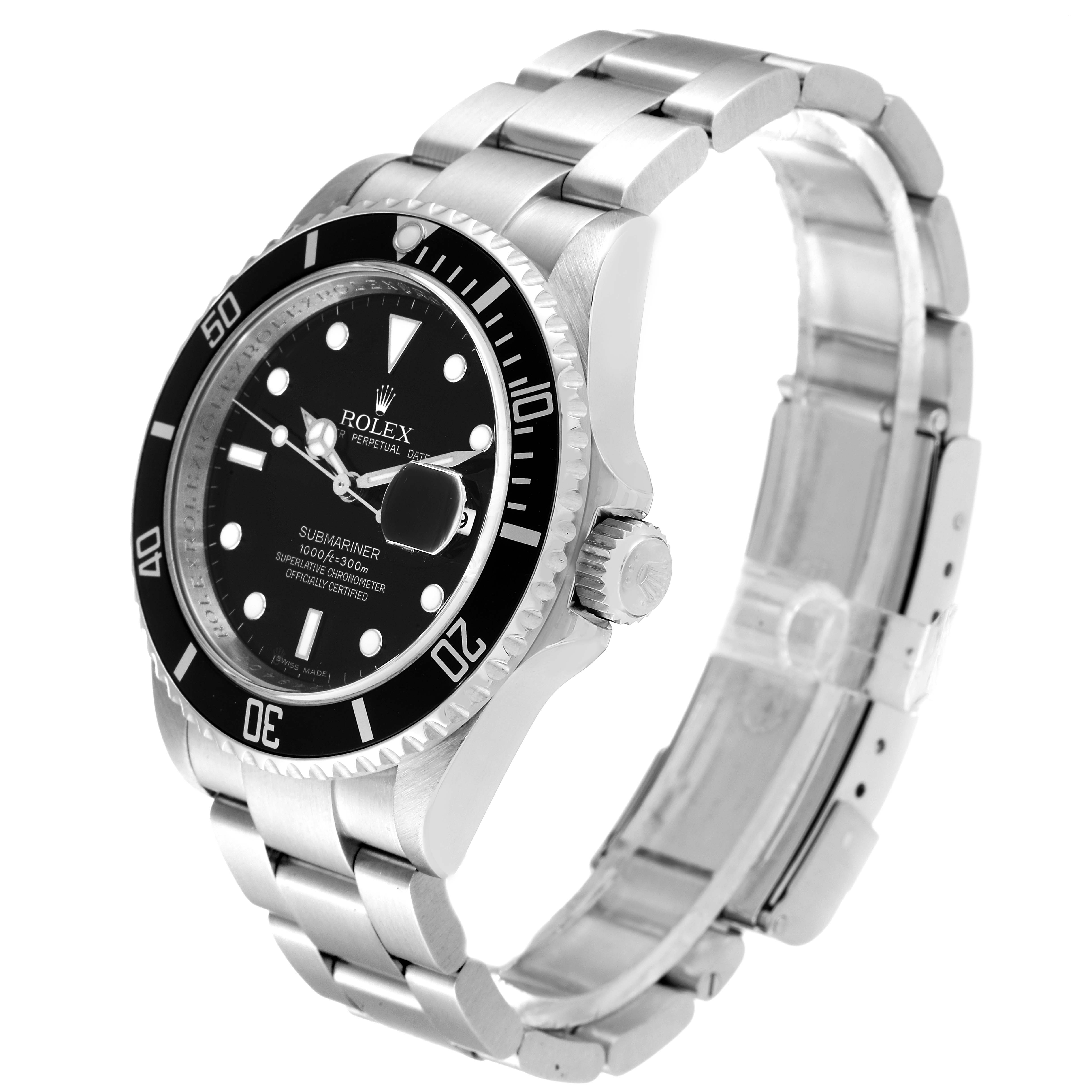 The image shows a Rolex Submariner 16610 Men
s Stainless Steel Black Dial 16610 Men
s Stainless Steel Black Dial watch angled from the right, displaying the bezel, crown, dial, and stainless steel bracelet.