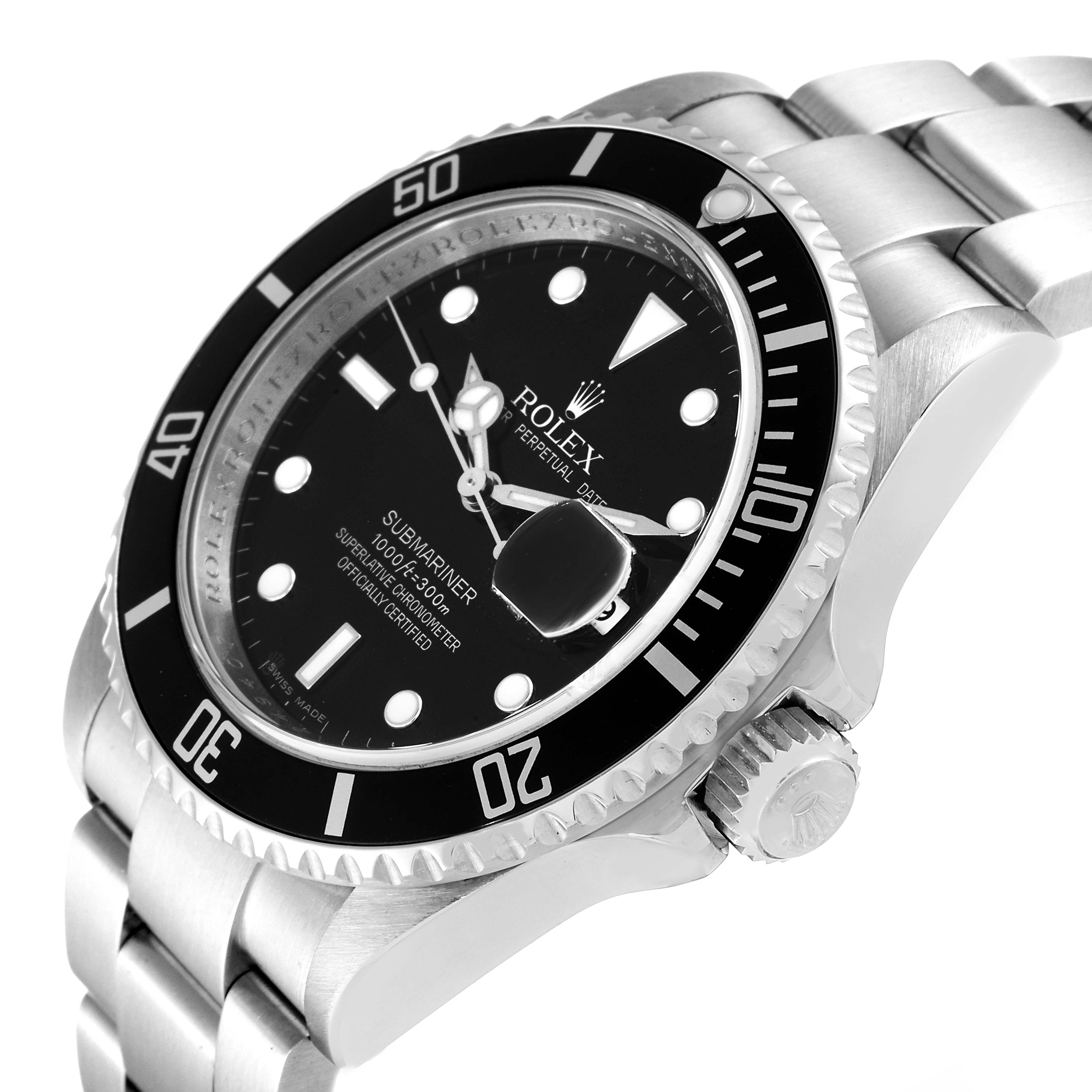 This image shows a close-up angled view of the Rolex Submariner 16610 Men
s Stainless Steel Black Dial 16610 Men
s Stainless Steel Black Dial
s dial, bezel, crown, and part of the bracelet.