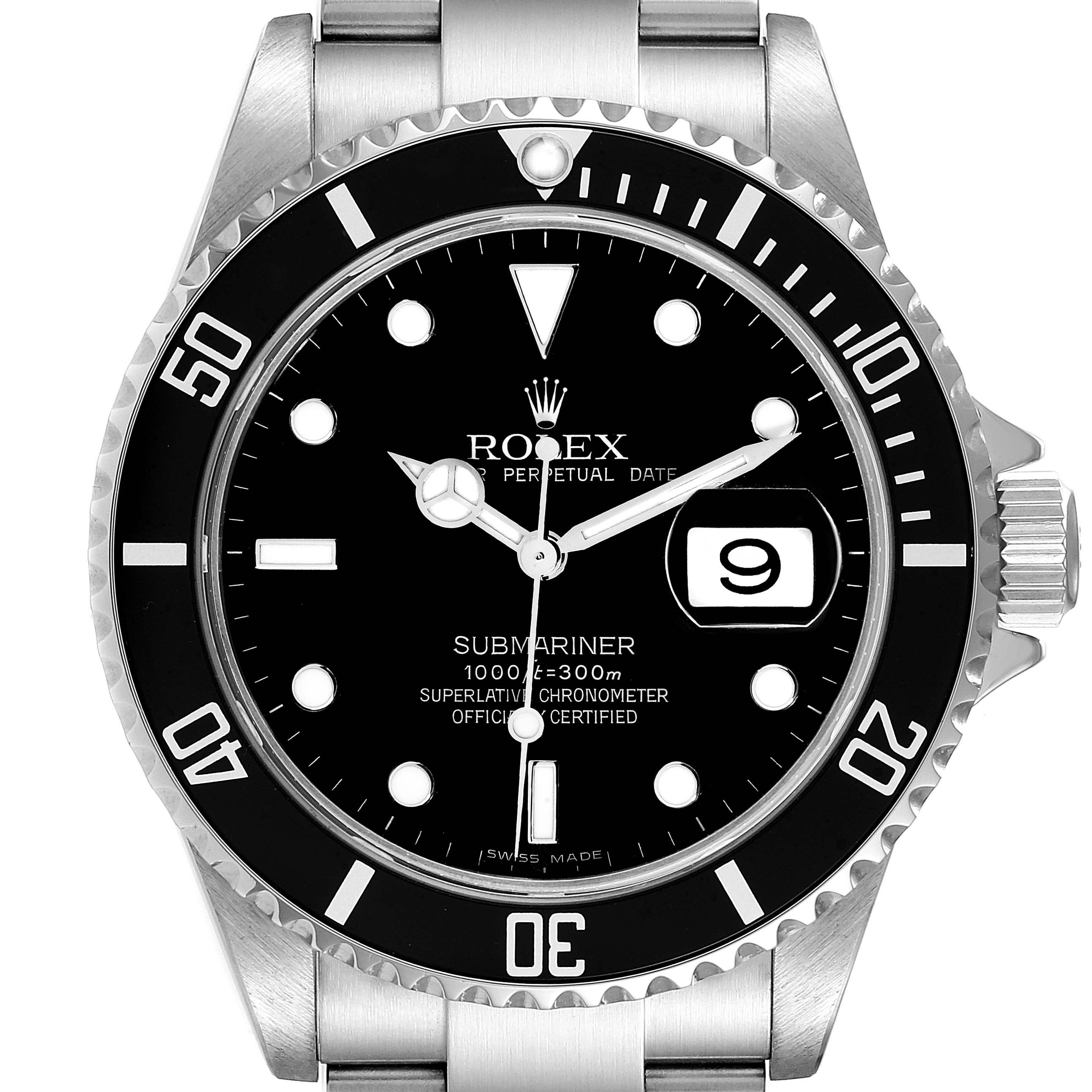 The Rolex Submariner 16610 Men
s Stainless Steel Black Dial 16610 Men
s Stainless Steel Black Dial watch is shown from the front, highlighting its black dial, bezel, and metal bracelet.