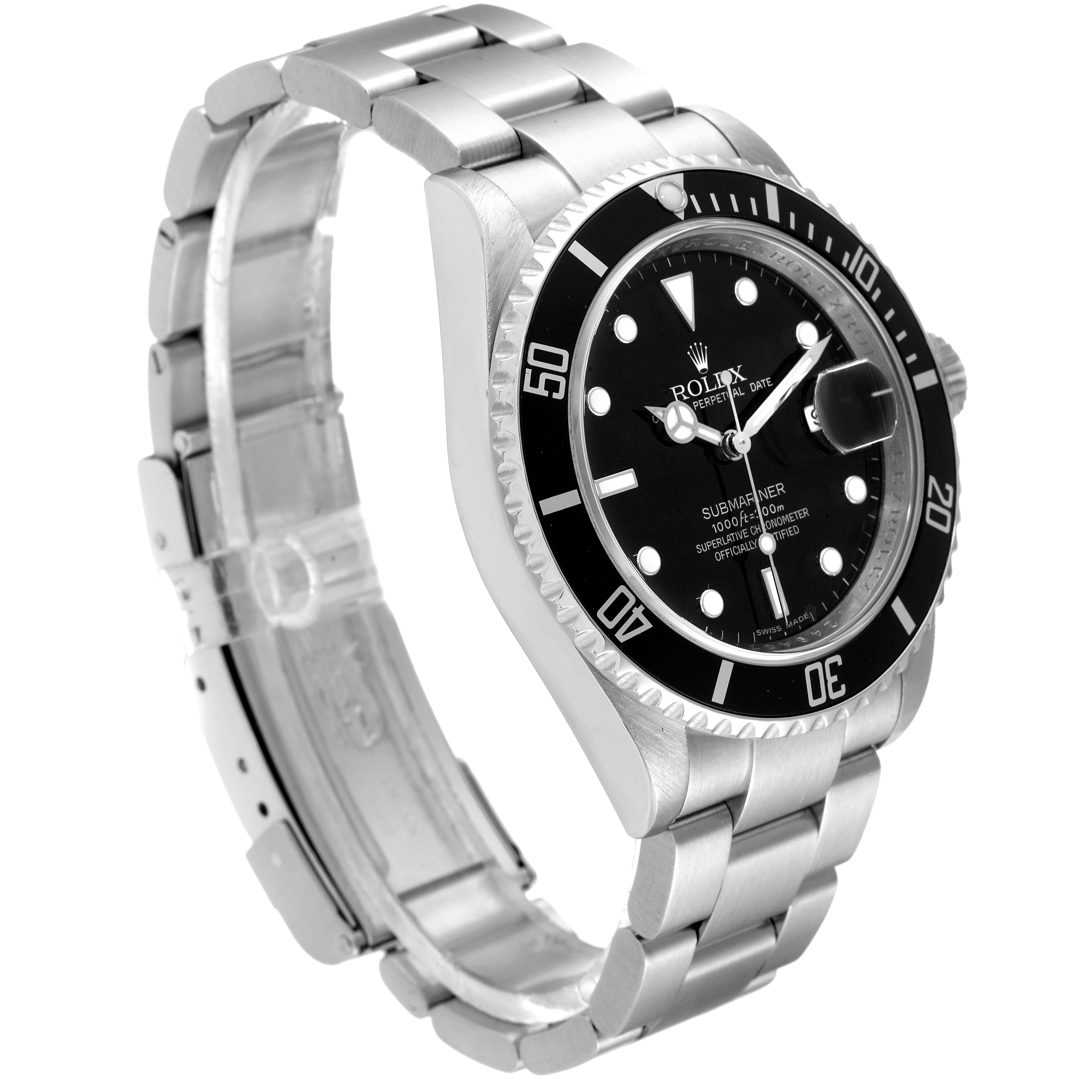 The Rolex Submariner 16610 Men
s Stainless Steel Black Dial 16610 Men
s Stainless Steel Black Dial watch is shown at a three-quarter angle, highlighting the face, bezel, and the metal bracelet.