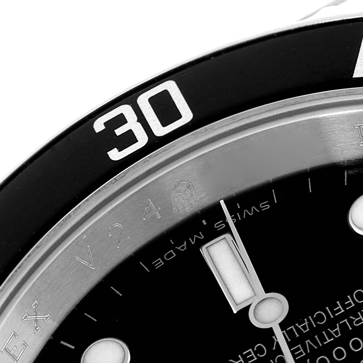 The image shows a close-up of the bezel and a portion of the dial of a Rolex Submariner 16610 Men
s Stainless Steel Black Dial 16610 Men
s Stainless Steel Black Dial, highlighting the "30" marker.