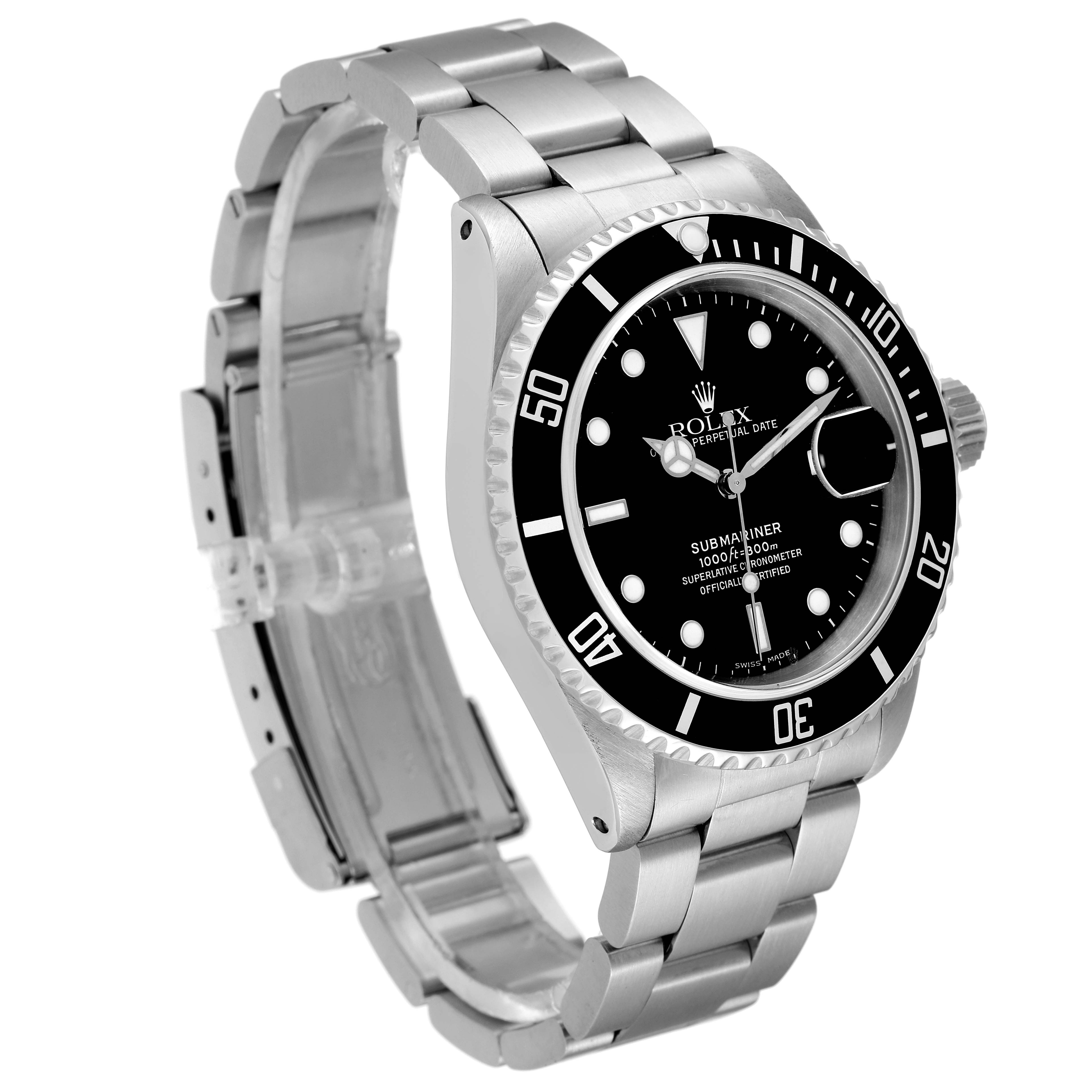 This image shows a side angle of a Rolex Submariner 16610 Men
s Stainless Steel Black Dial 16610 Men
s Stainless Steel Black Dial watch, highlighting its face, bezel, crown, and bracelet.