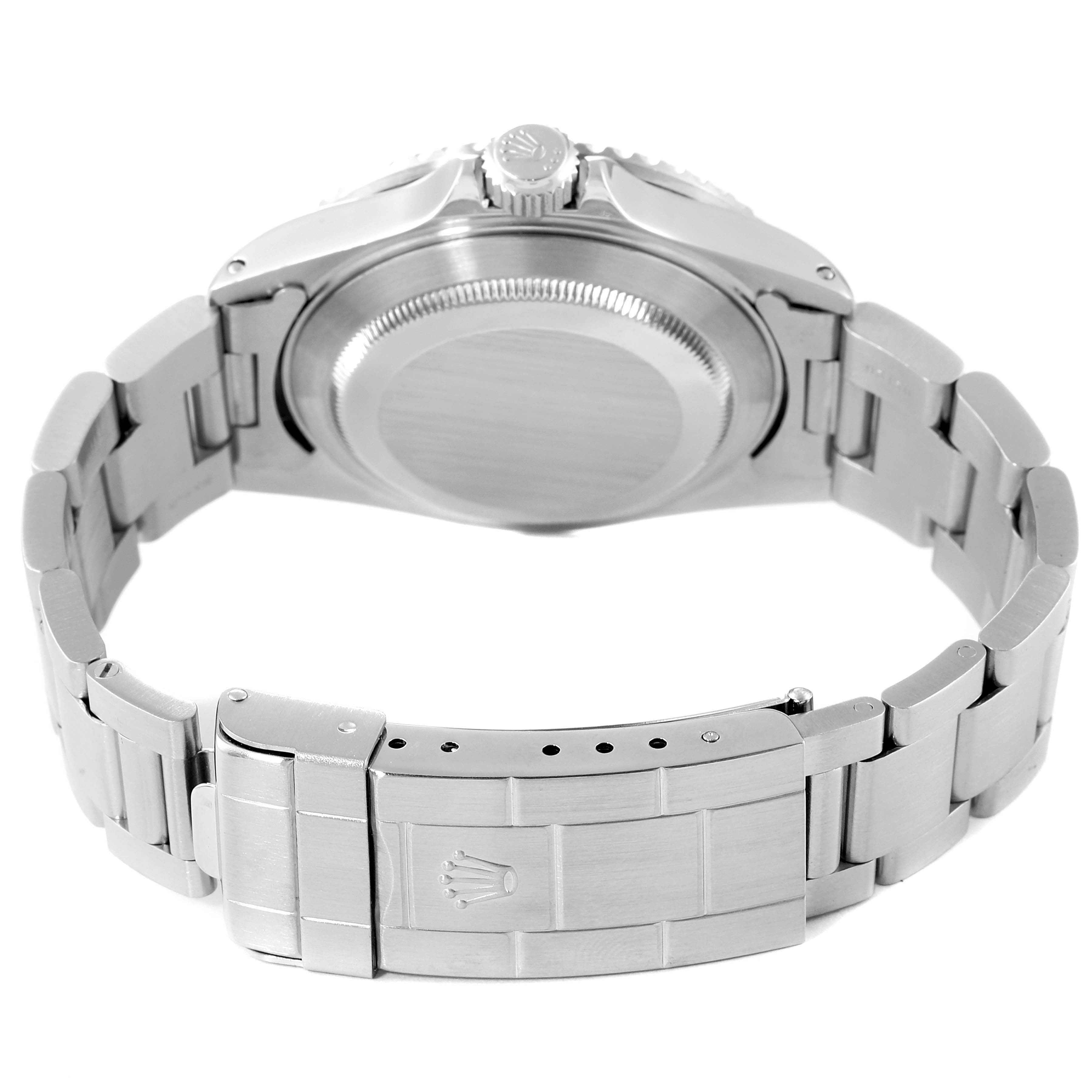 This image shows the back and clasp of a Rolex Submariner 16610 Men
s Stainless Steel Black Dial 16610 Men
s Stainless Steel Black Dial watch from an angled, rear view.