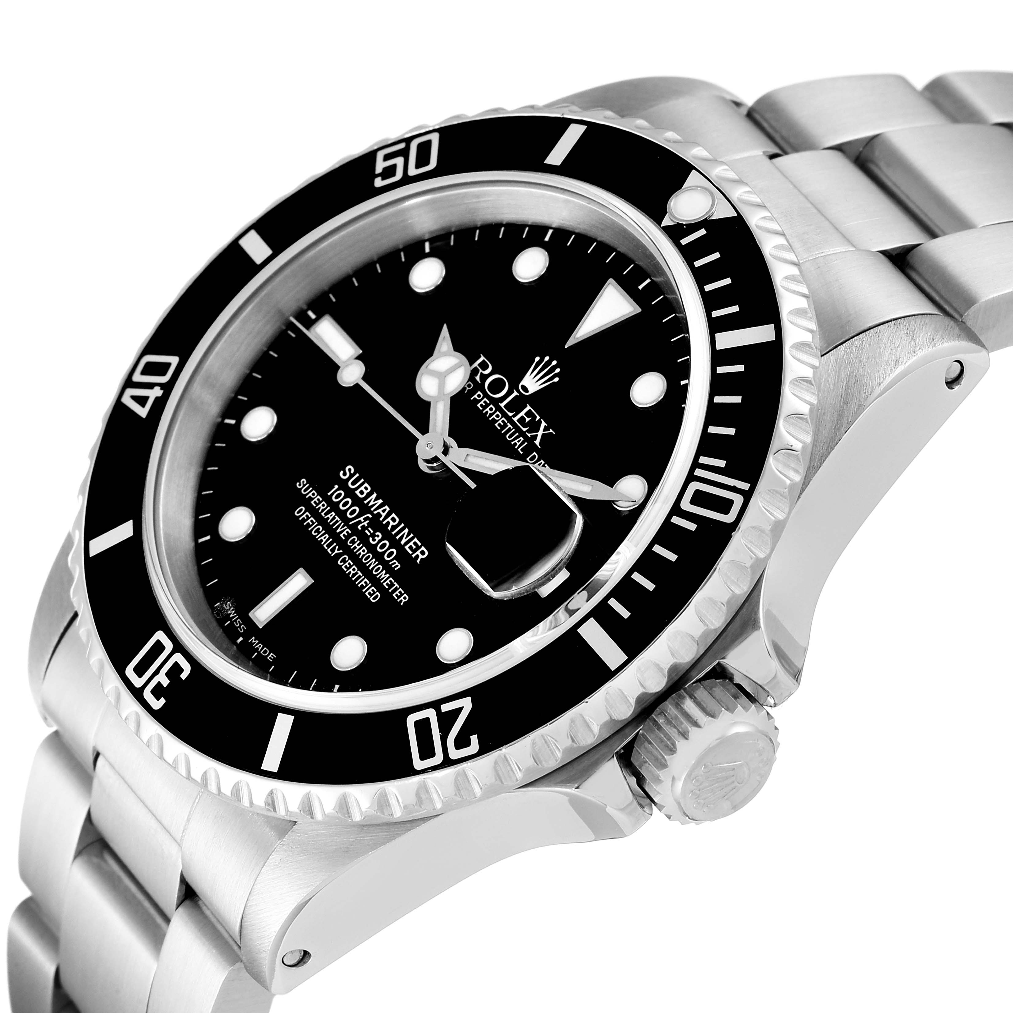 The image shows a close-up angle of the face, bezel, and bracelet of the Rolex Submariner 16610 Men
s Stainless Steel Black Dial 16610 Men
s Stainless Steel Black Dial watch.
