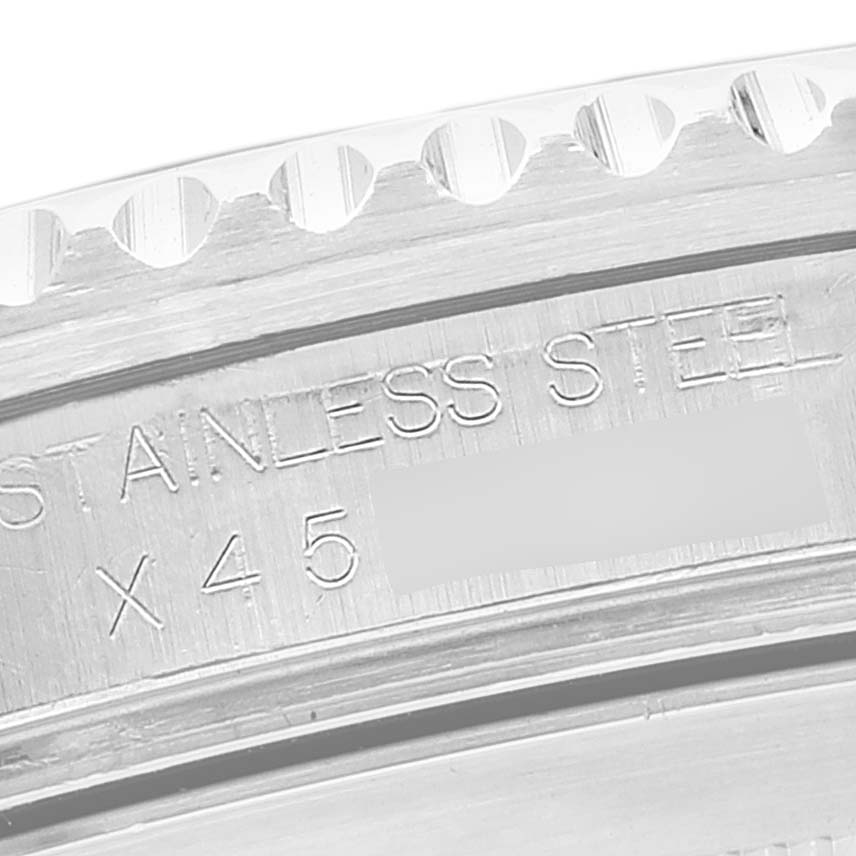This image shows a close-up angle of the stainless steel casing inscription on a Rolex Submariner 16610 Men
s Stainless Steel Black Dial 16610 Men
s Stainless Steel Black Dial watch.