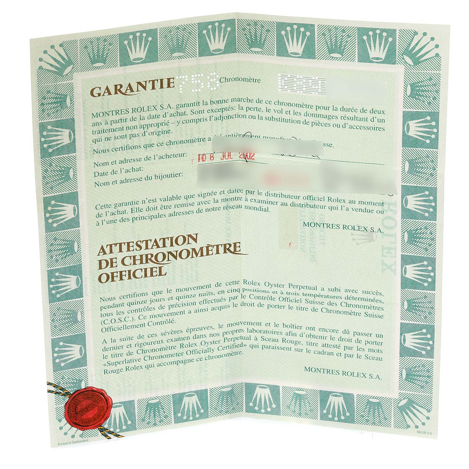 This image shows the certificate of authenticity and warranty card for a Rolex Submariner 16613 Men's Steel and Gold (two tone) Blue Dial 16613 Men's Steel and Gold (two tone) Blue Dial watch.