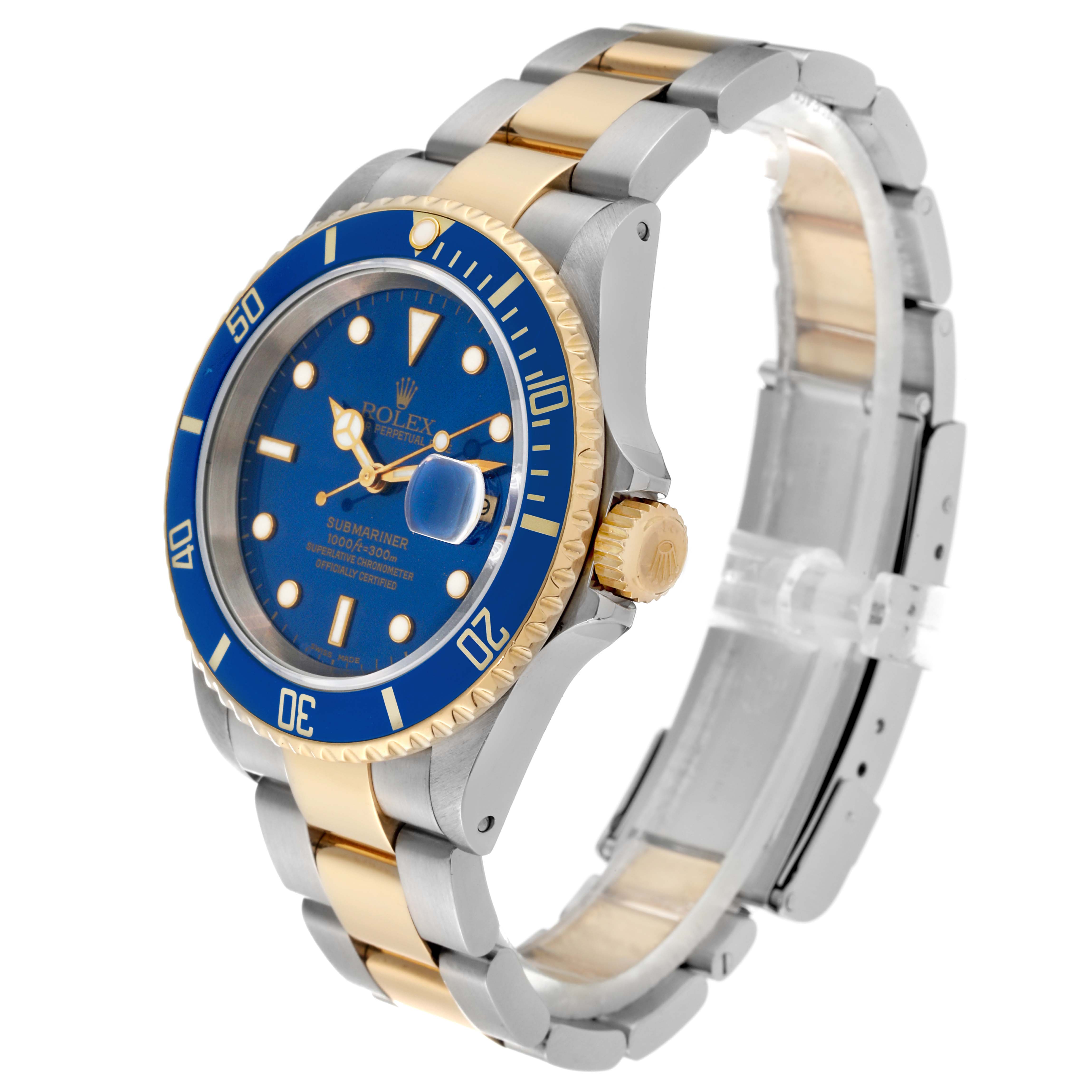 This Rolex Submariner 16613 Men's Steel and Gold (two tone) Blue Dial 16613 Men's Steel and Gold (two tone) Blue Dial watch is angled to show its blue dial, gold bezel, and two-tone gold and silver bracelet.