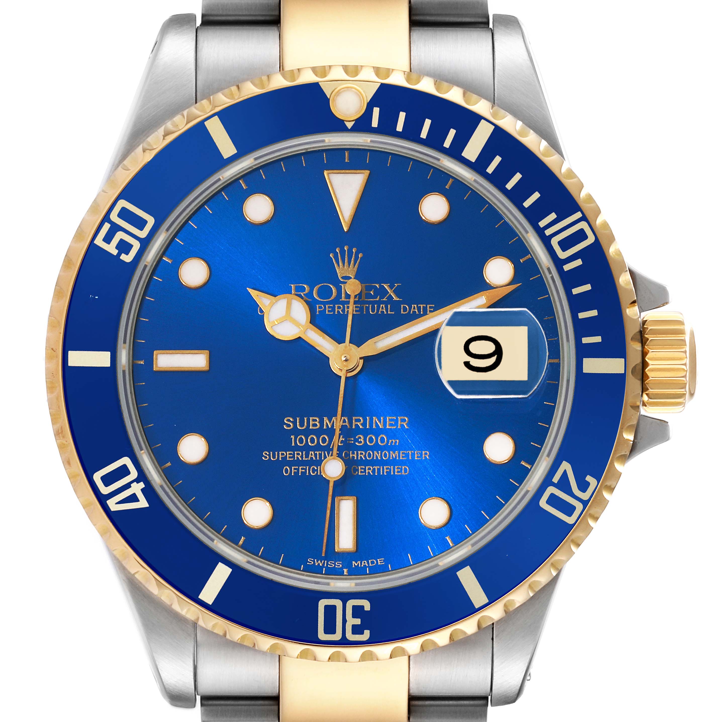 The image shows a front view of the Rolex Submariner 16613 Men's Steel and Gold (two tone) Blue Dial 16613 Men's Steel and Gold (two tone) Blue Dial watch face with a blue dial, gold bezel, and part of the bracelet.