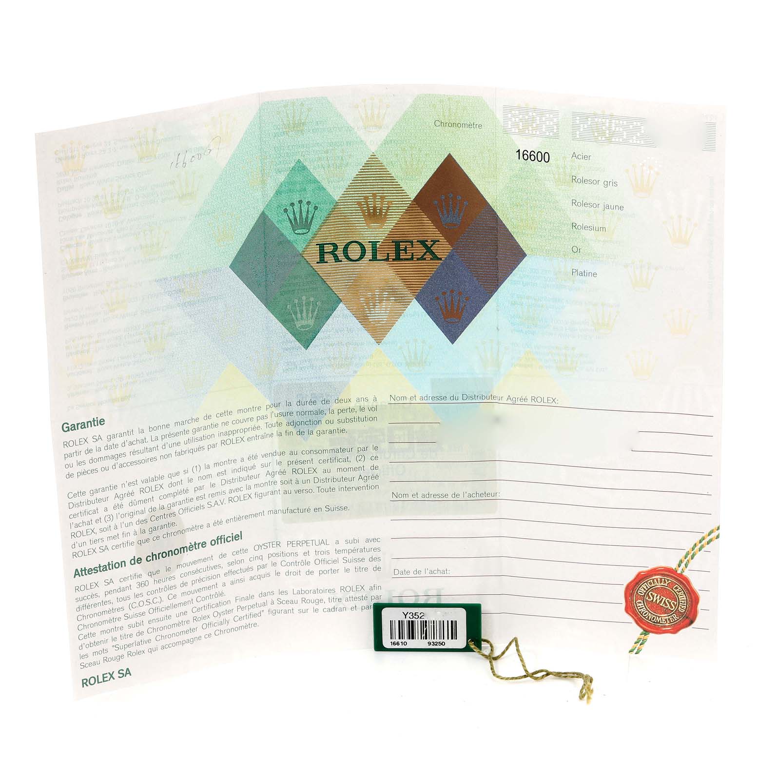 This image shows the warranty and certification papers for a Rolex Submariner 16610 Men
s Stainless Steel Black Dial 16610 Men
s Stainless Steel Black Dial watch, along with a green tag.