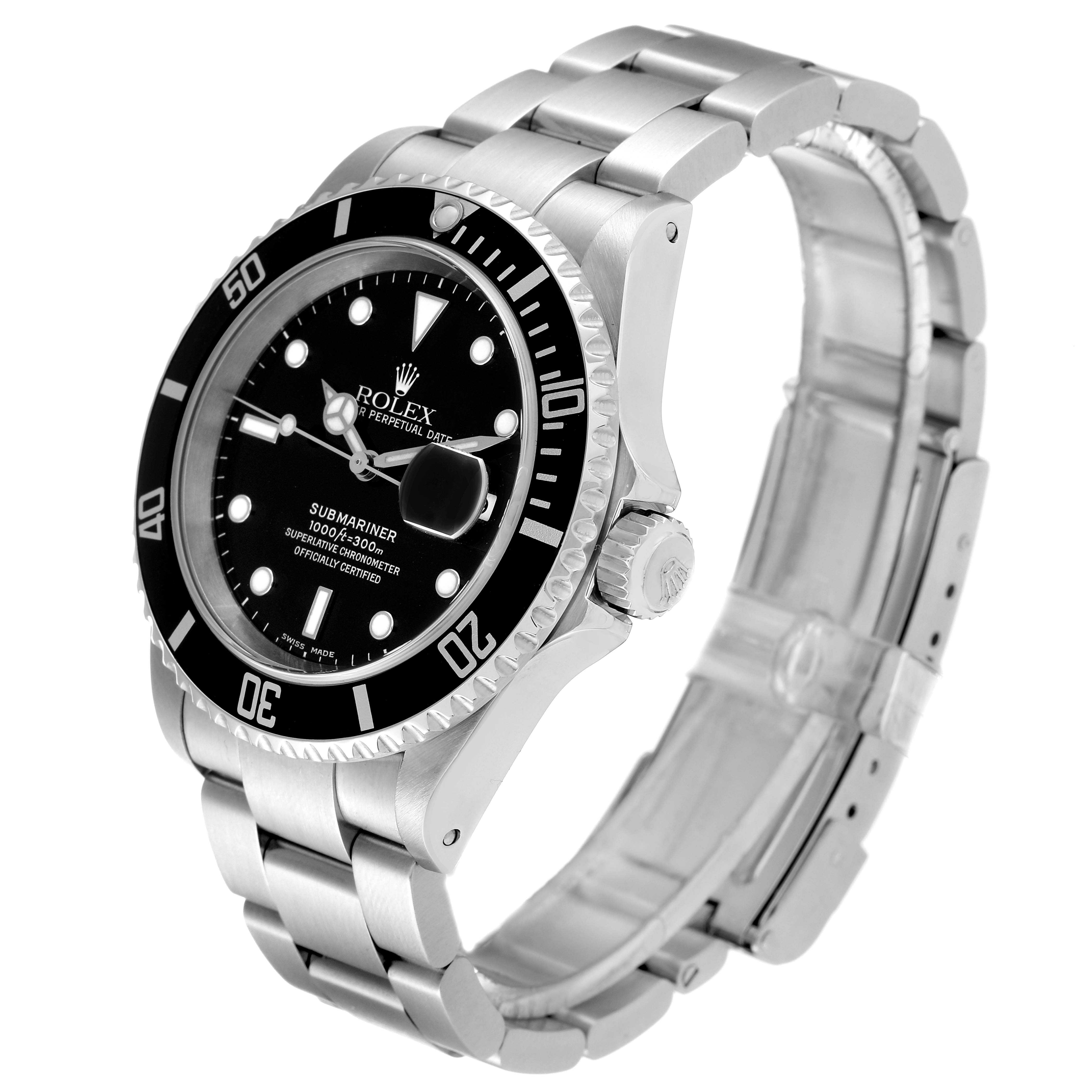 This is a side angle view of the Rolex Submariner 16610 Men
s Stainless Steel Black Dial 16610 Men
s Stainless Steel Black Dial watch showcasing the dial, bezel, crown, and bracelet.