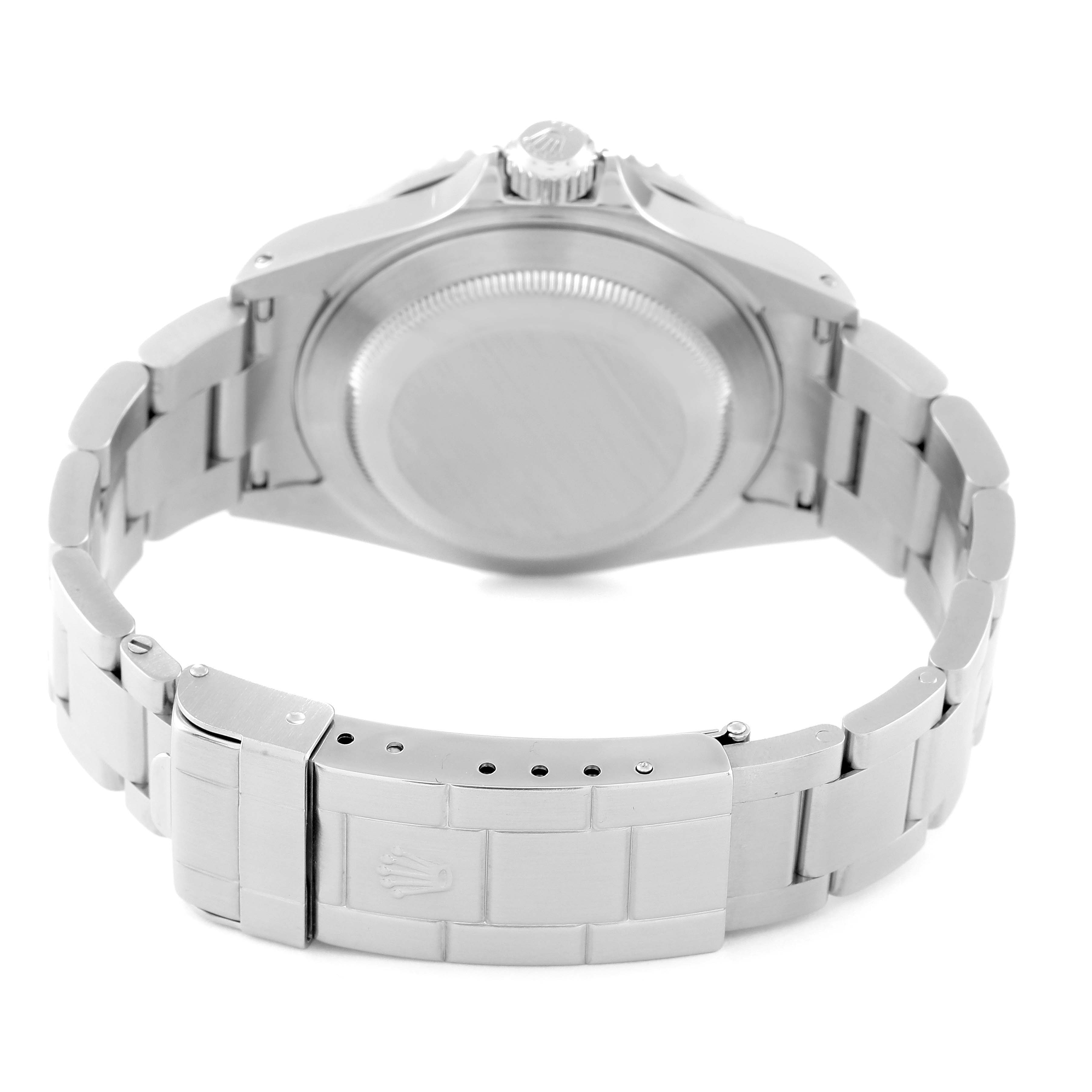 The image shows the back view of a Rolex Submariner 16610 Men
s Stainless Steel Black Dial 16610 Men
s Stainless Steel Black Dial watch, focusing on the case back, crown, and bracelet.