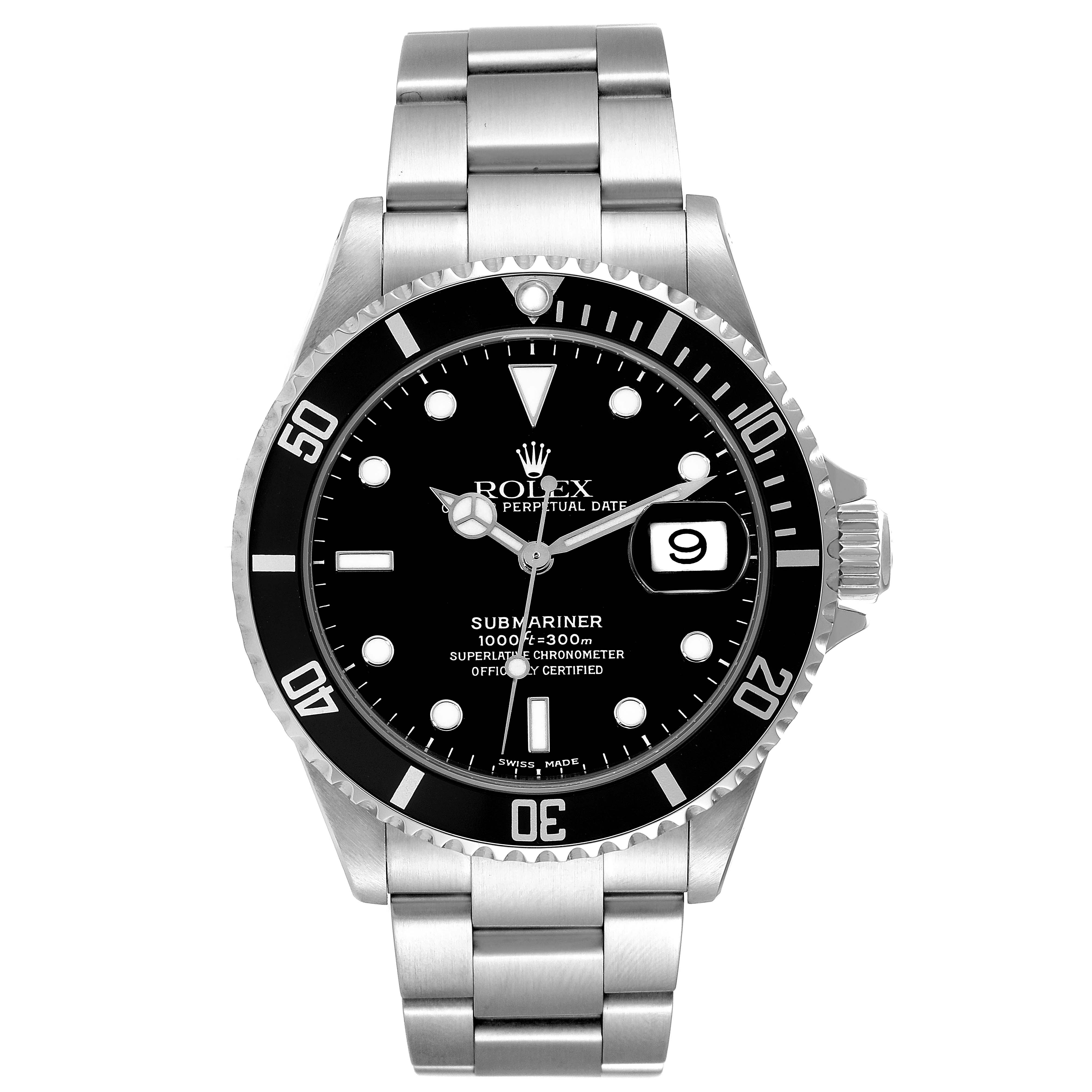 This image shows a front view of a Rolex Submariner 16610 Men
s Stainless Steel Black Dial 16610 Men
s Stainless Steel Black Dial watch, highlighting its face, bezel, and metal bracelet.