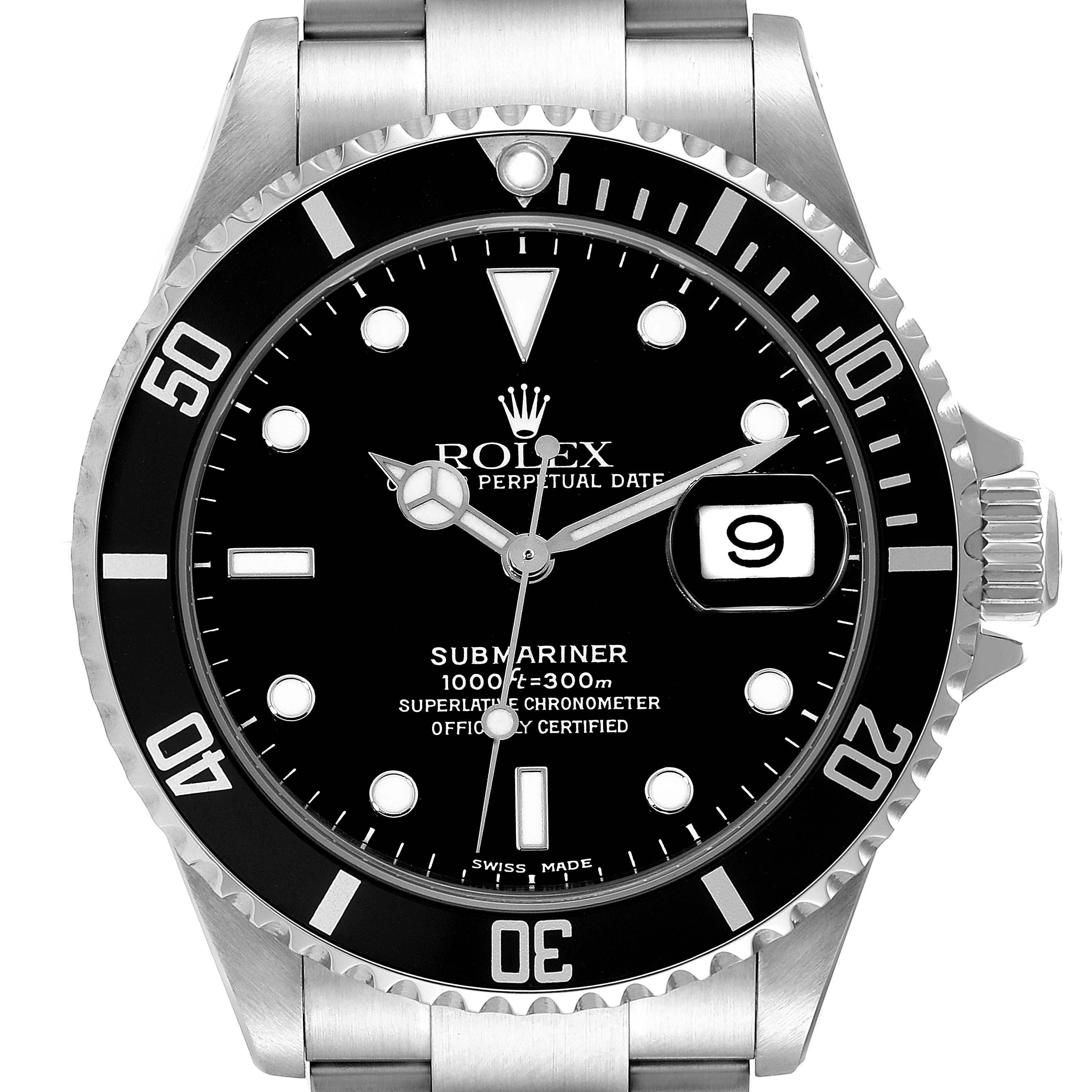 This image shows a front view of the Rolex Submariner 16610 Men
s Stainless Steel Black Dial 16610 Men
s Stainless Steel Black Dial watch displaying its dial, bezel, and part of the bracelet.