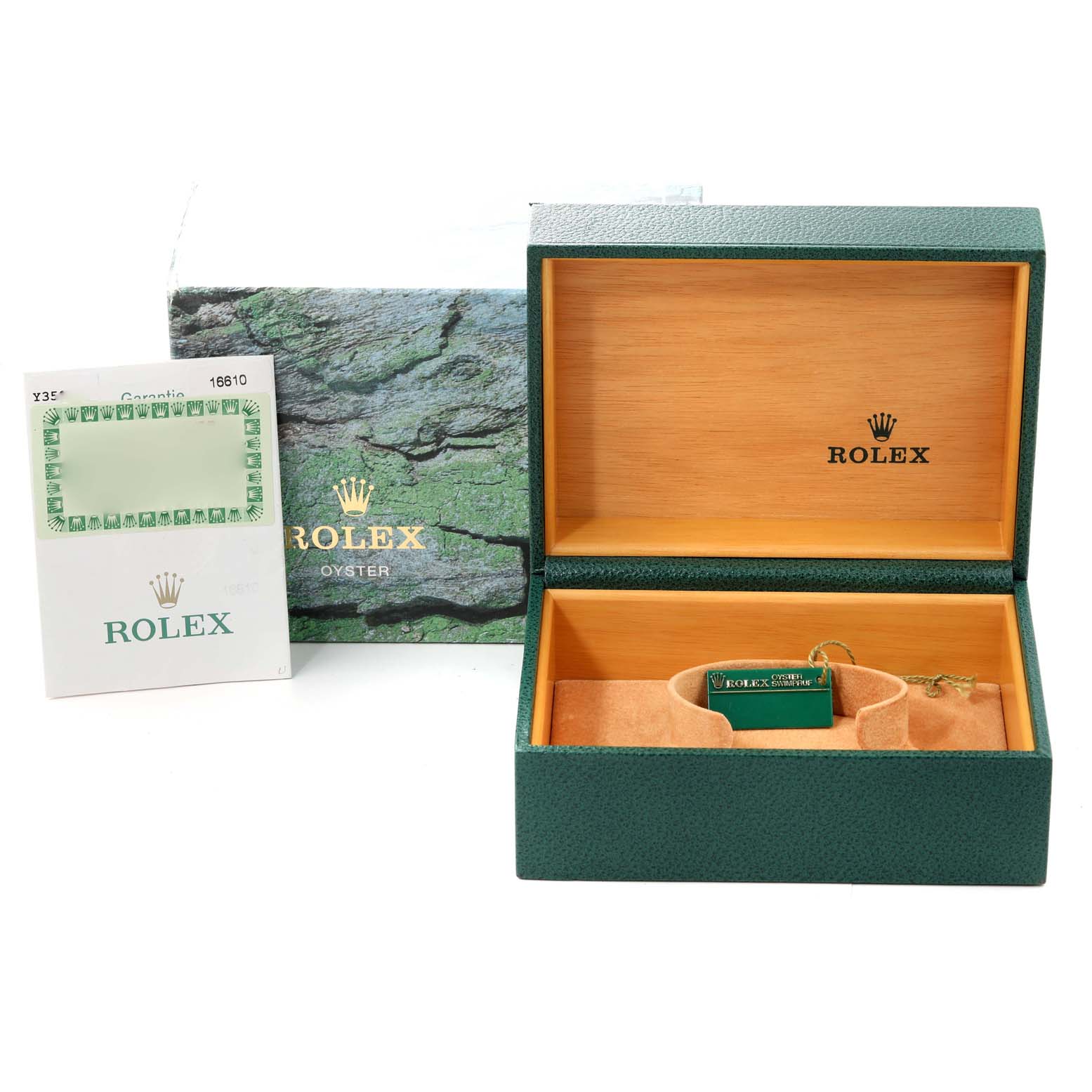 The image shows a green Rolex Submariner 16610 Men
s Stainless Steel Black Dial 16610 Men
s Stainless Steel Black Dial watch box, an outer box, and documentation, all viewed from a front angle.
