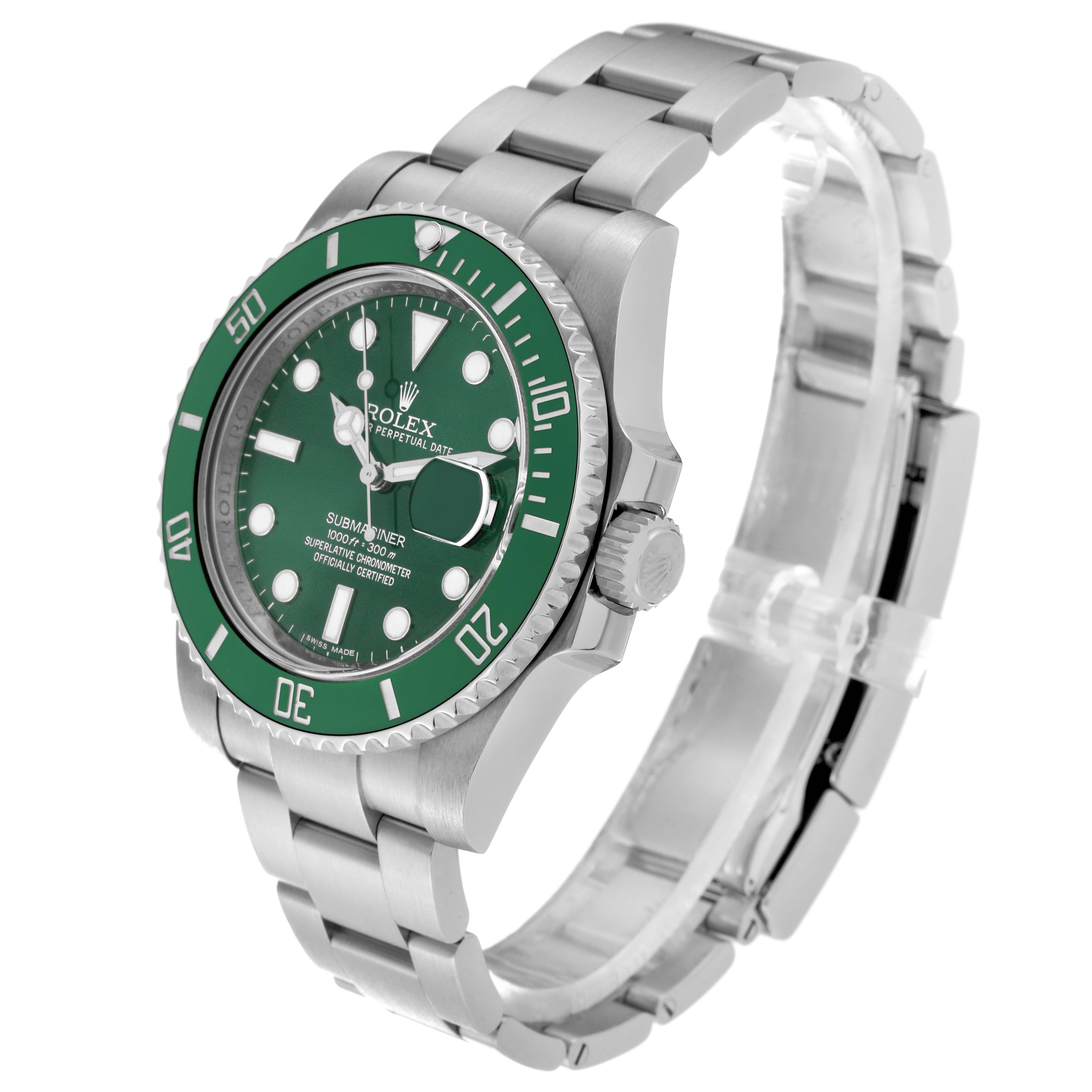 The image shows a Rolex Submariner 116610LV Men's Stainless Steel Green Dial 116610LV Men's Stainless Steel Green Dial watch at a three-quarter angle, highlighting the green bezel, green dial, and stainless steel bracelet.
