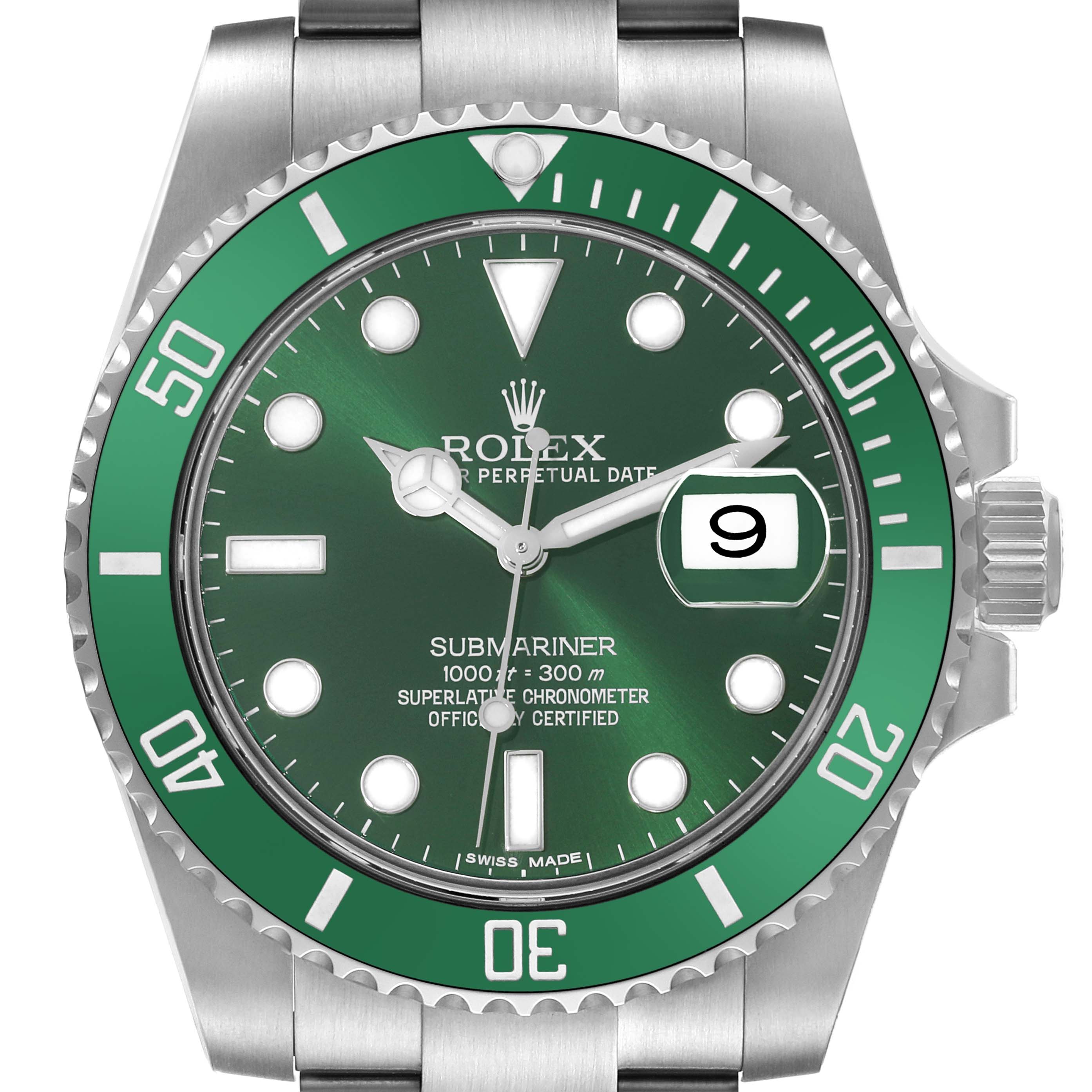 The image shows a front view of a Rolex Submariner 116610LV Men's Stainless Steel Green Dial 116610LV Men's Stainless Steel Green Dial watch with a green dial and bezel, and a stainless steel bracelet.