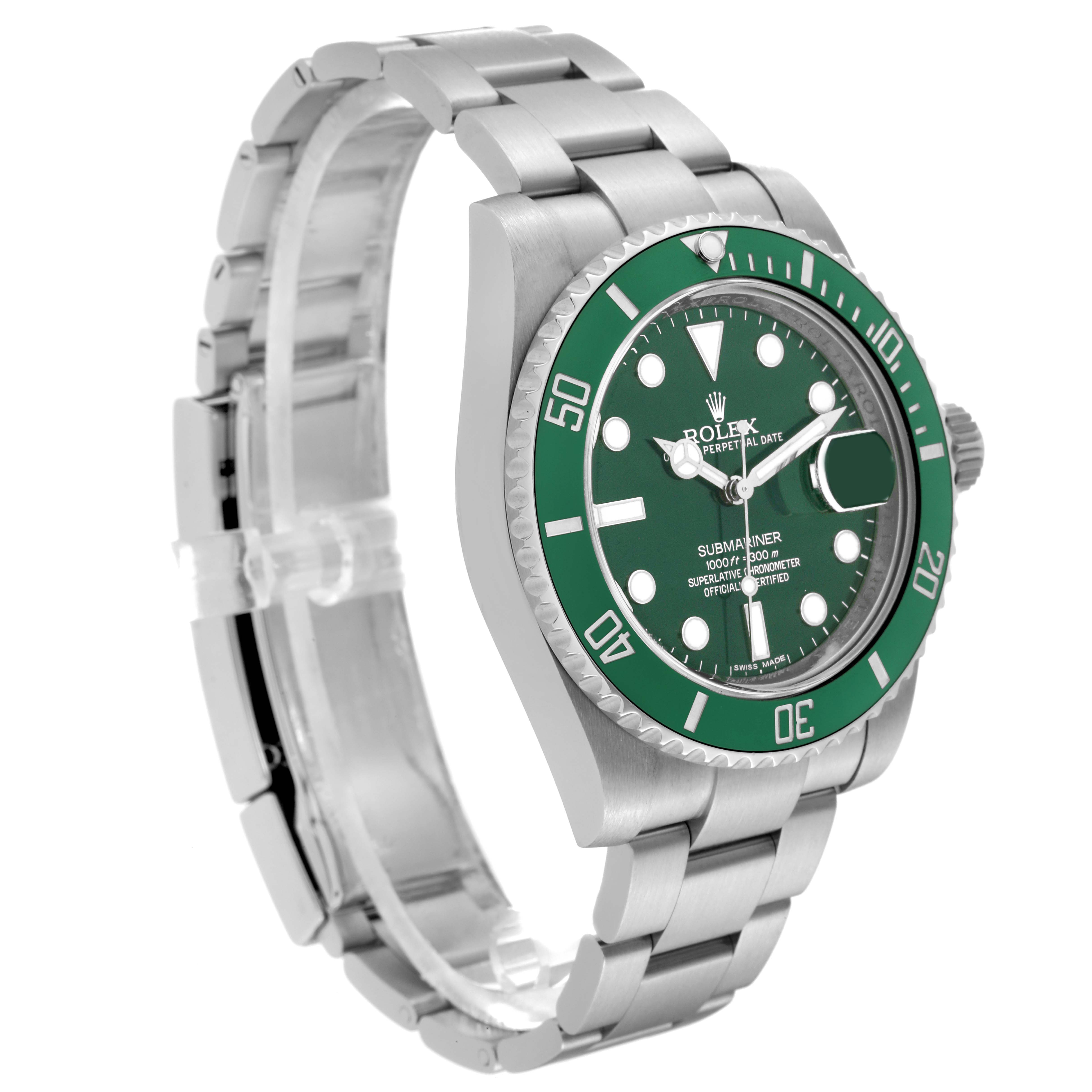 This image shows a side-angle view of a Rolex Submariner 116610LV Men's Stainless Steel Green Dial 116610LV Men's Stainless Steel Green Dial watch, highlighting the green dial, bezel, and metal band.
