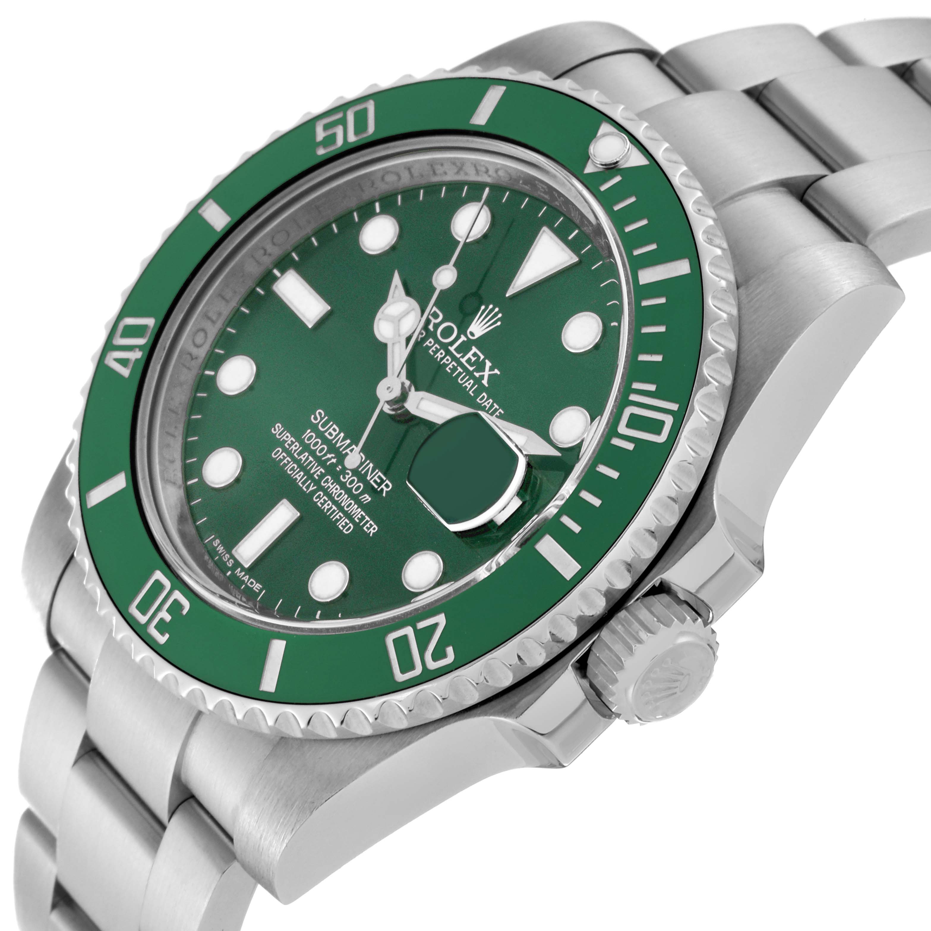 This image shows a Rolex Submariner 116610LV Men's Stainless Steel Green Dial 116610LV Men's Stainless Steel Green Dial watch from a three-quarter angle, highlighting its green dial, bezel, and stainless steel bracelet.