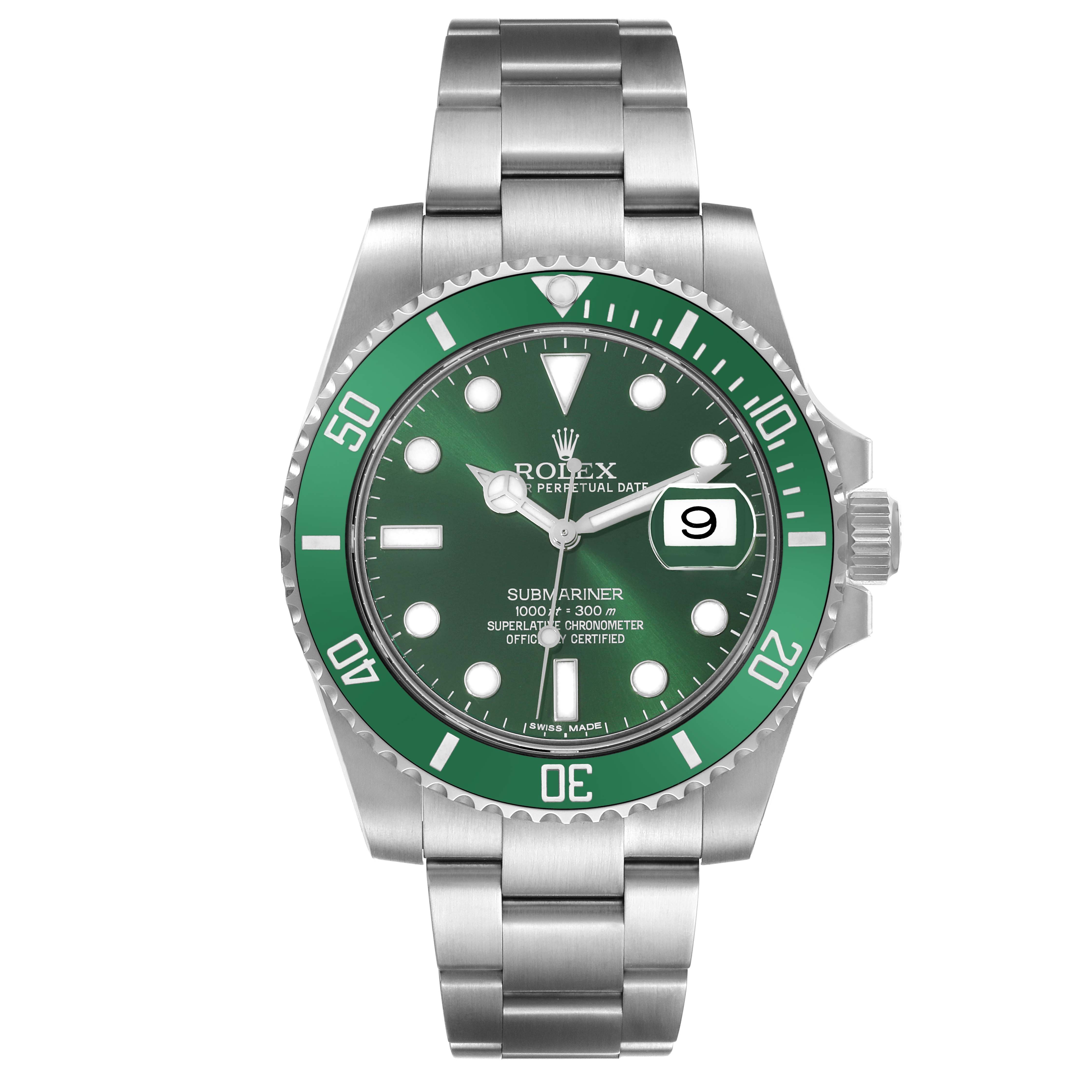 The image shows a Rolex Submariner 116610LV Men's Stainless Steel Green Dial 116610LV Men's Stainless Steel Green Dial watch from a top-down perspective with its green dial, bezel, and stainless steel bracelet.