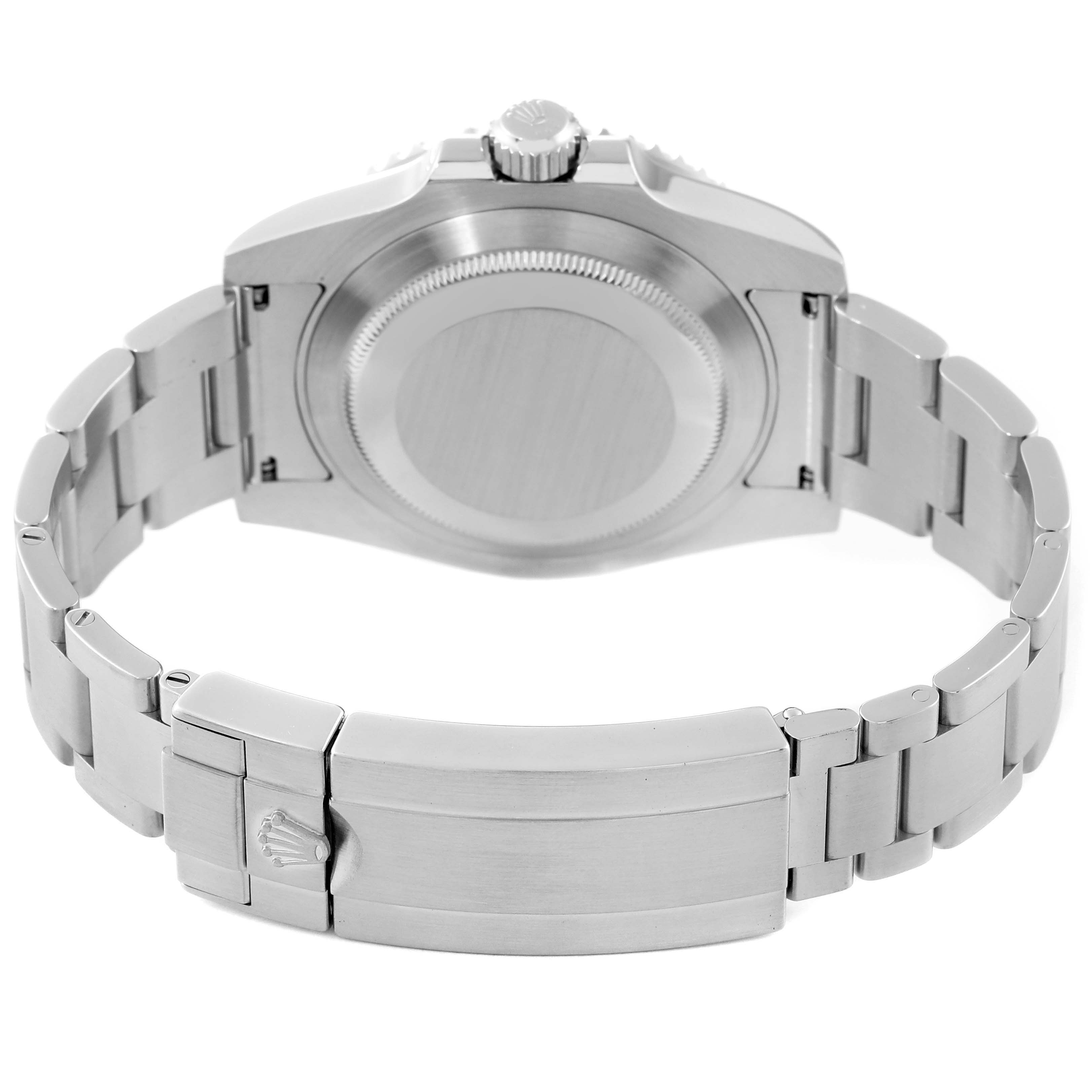 The image shows the back of a Rolex Submariner 116610LV Men's Stainless Steel Green Dial 116610LV Men's Stainless Steel Green Dial's case and bracelet, highlighting the clasp and crown.