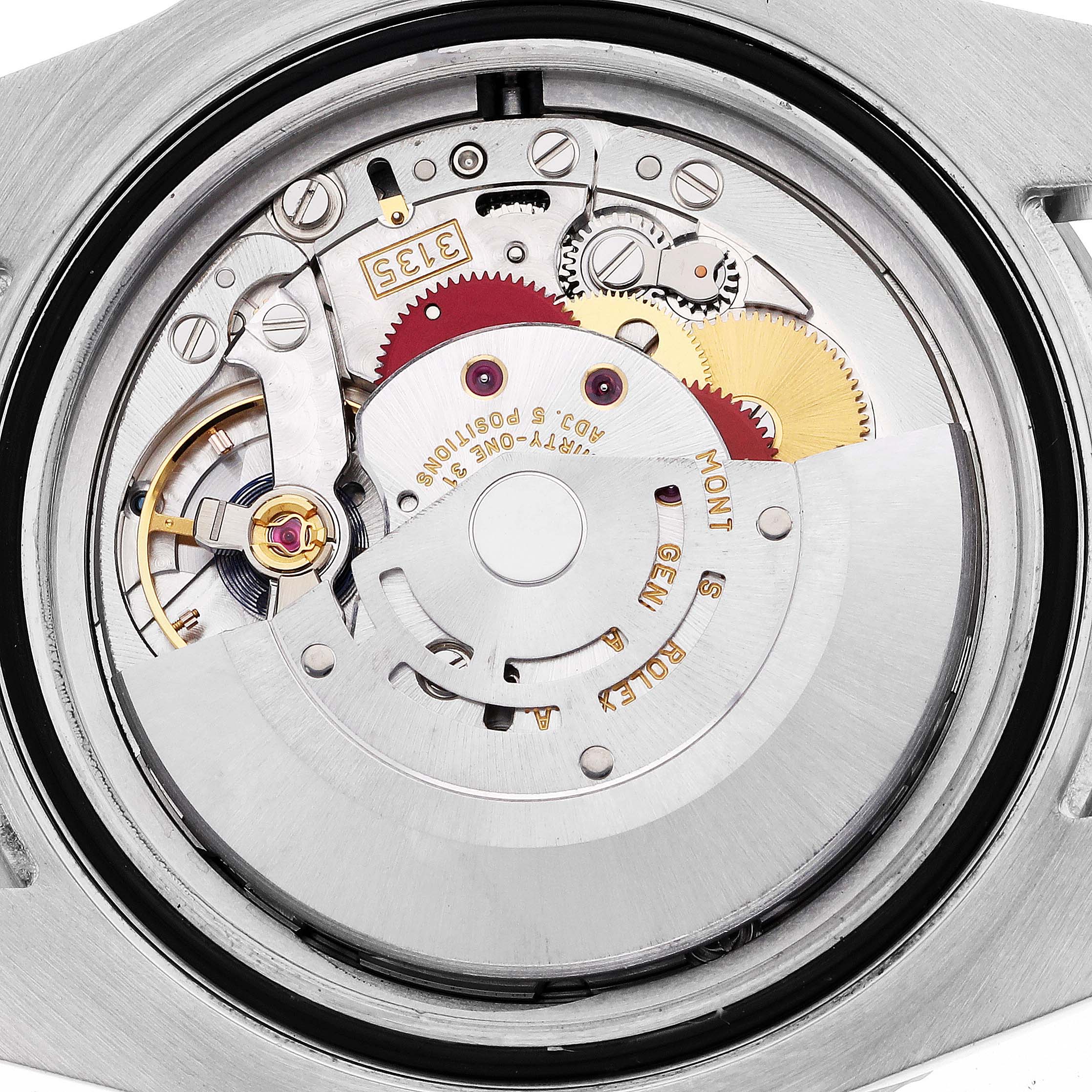 This image shows the inner mechanical movement of a Rolex Submariner 116610LV Men's Stainless Steel Green Dial 116610LV Men's Stainless Steel Green Dial watch from a rear, open-caseback angle.