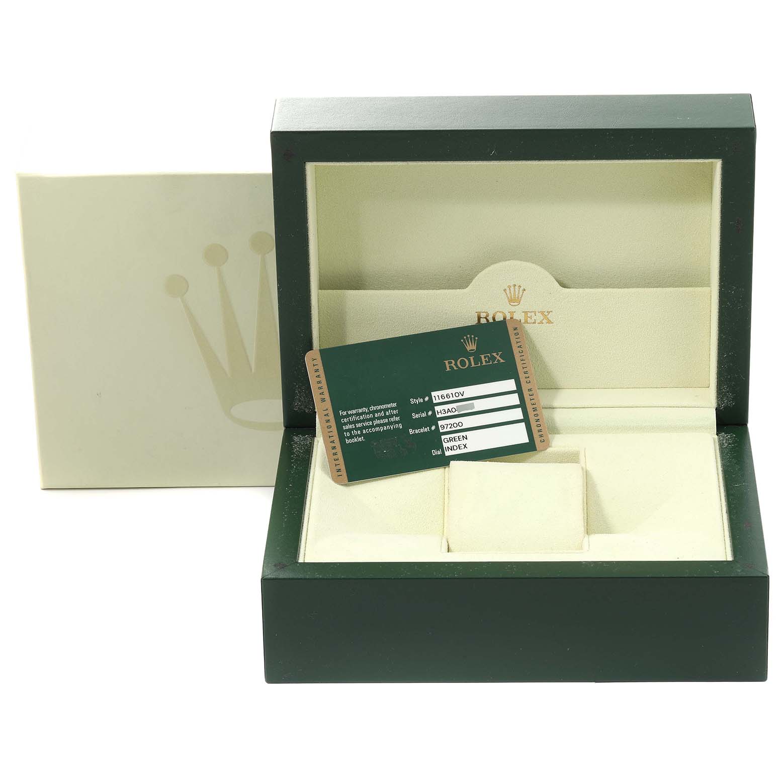 The image shows a Rolex Submariner 116610LV Men's Stainless Steel Green Dial 116610LV Men's Stainless Steel Green Dial watch box, certification card, and outer packaging, photographed from the front.
