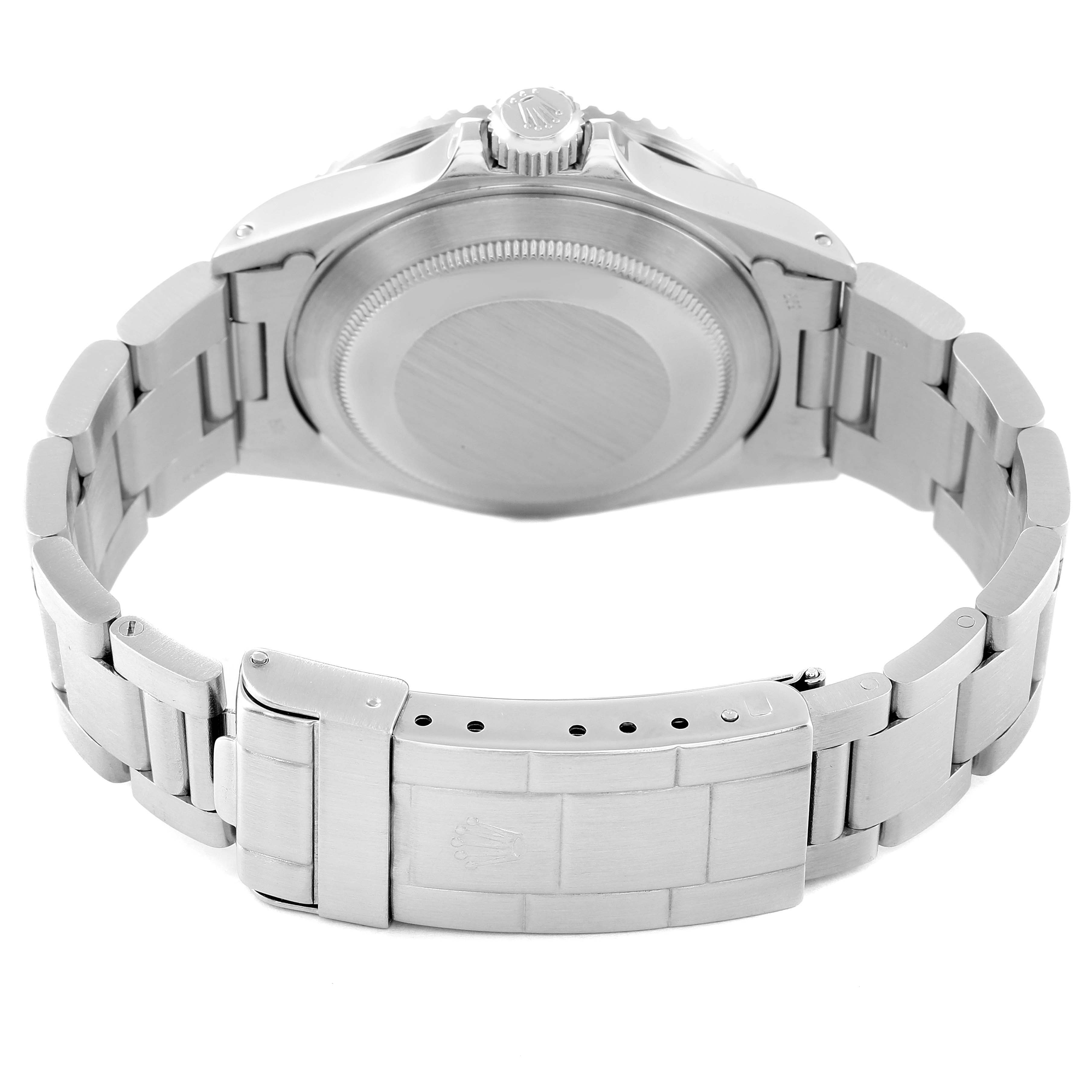 The image shows the back and bracelet clasp of a Rolex Submariner 168000 Men
s Stainless Steel Black Dial 168000 Men
s Stainless Steel Black Dial watch from a rear angle.