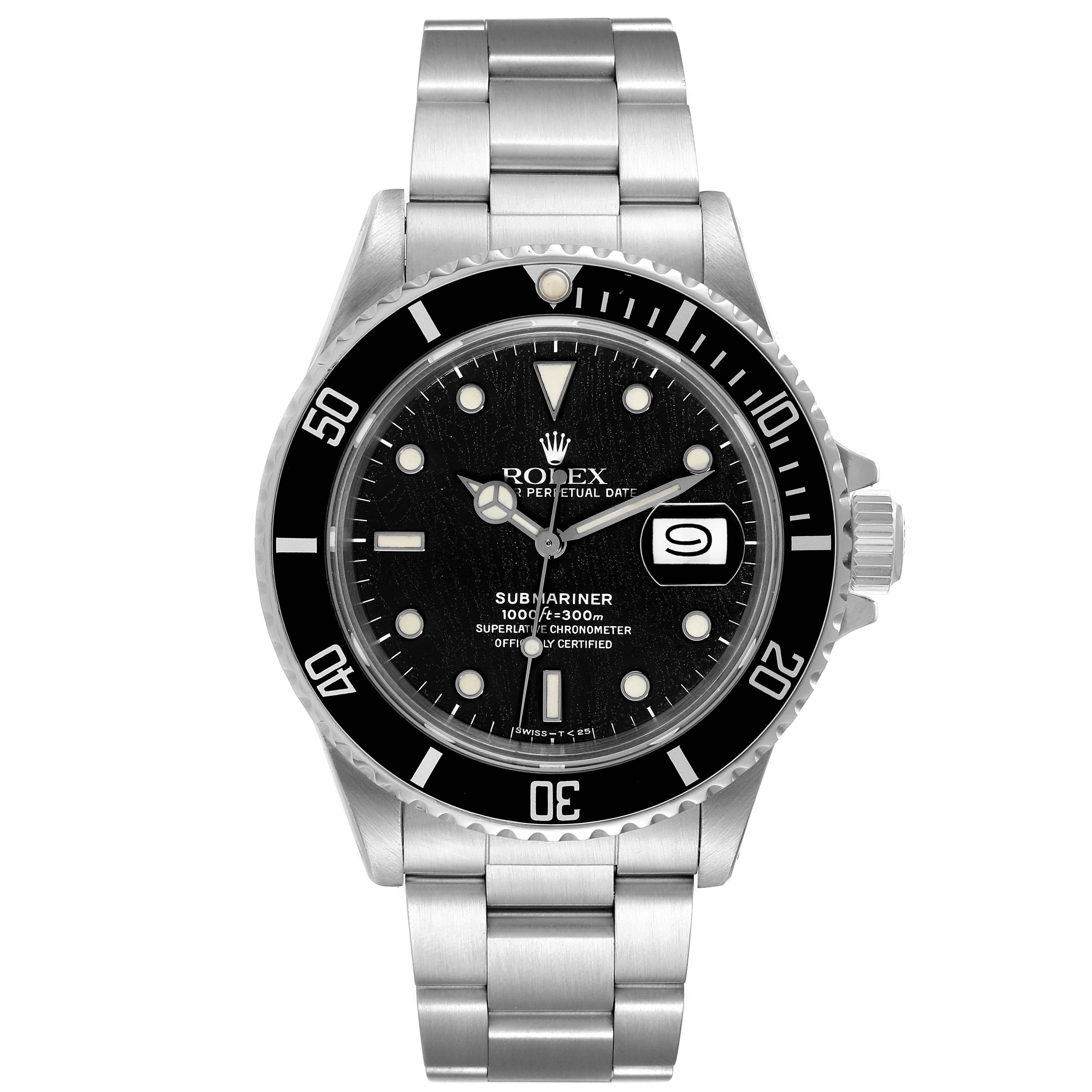 The image shows a full-frontal view of a Rolex Submariner 168000 Men
s Stainless Steel Black Dial 168000 Men
s Stainless Steel Black Dial watch, displaying the dial, bezel, and bracelet.