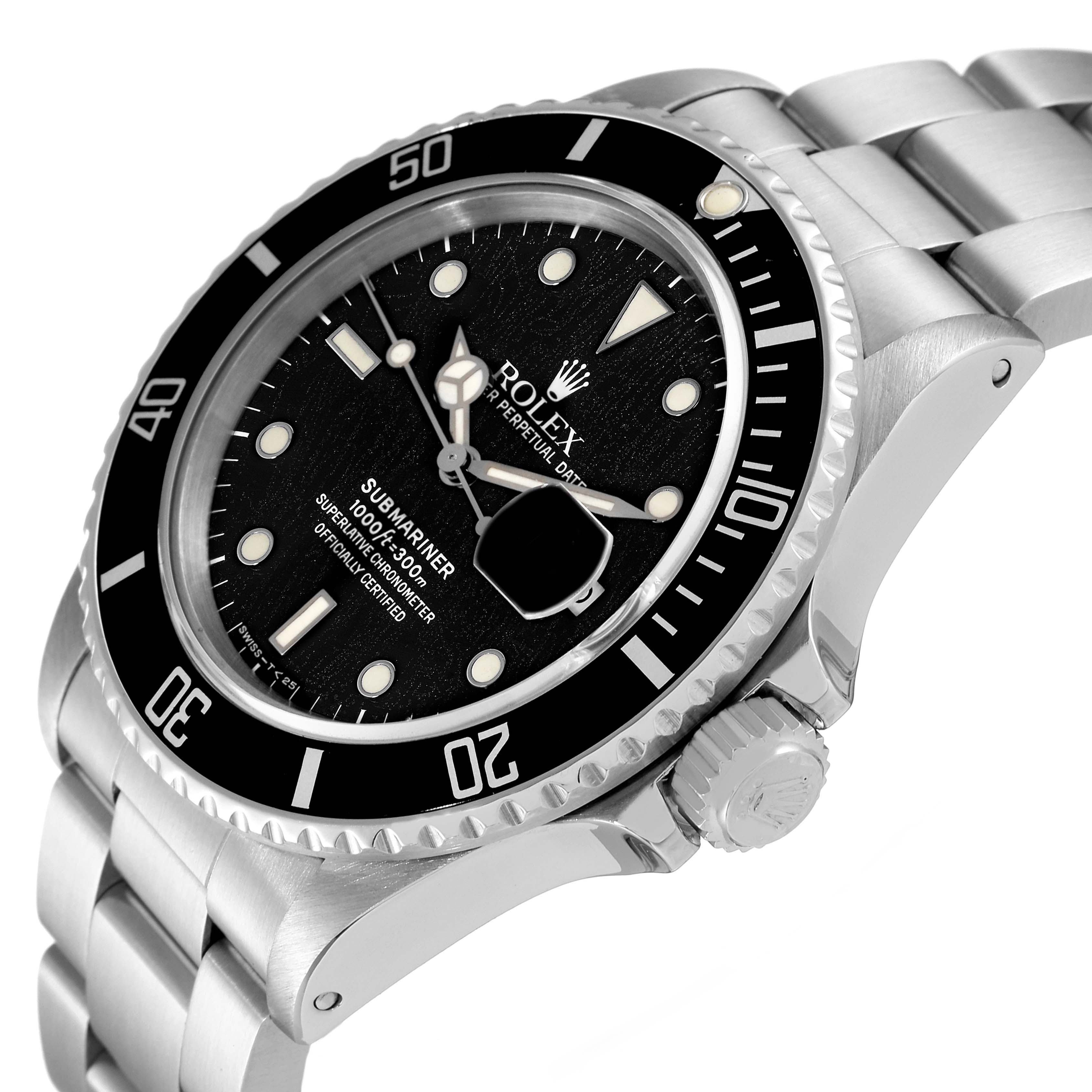 The image shows a side and front angle of the Rolex Submariner 168000 Men
s Stainless Steel Black Dial 168000 Men
s Stainless Steel Black Dial, highlighting its black dial, bezel, and stainless steel bracelet.