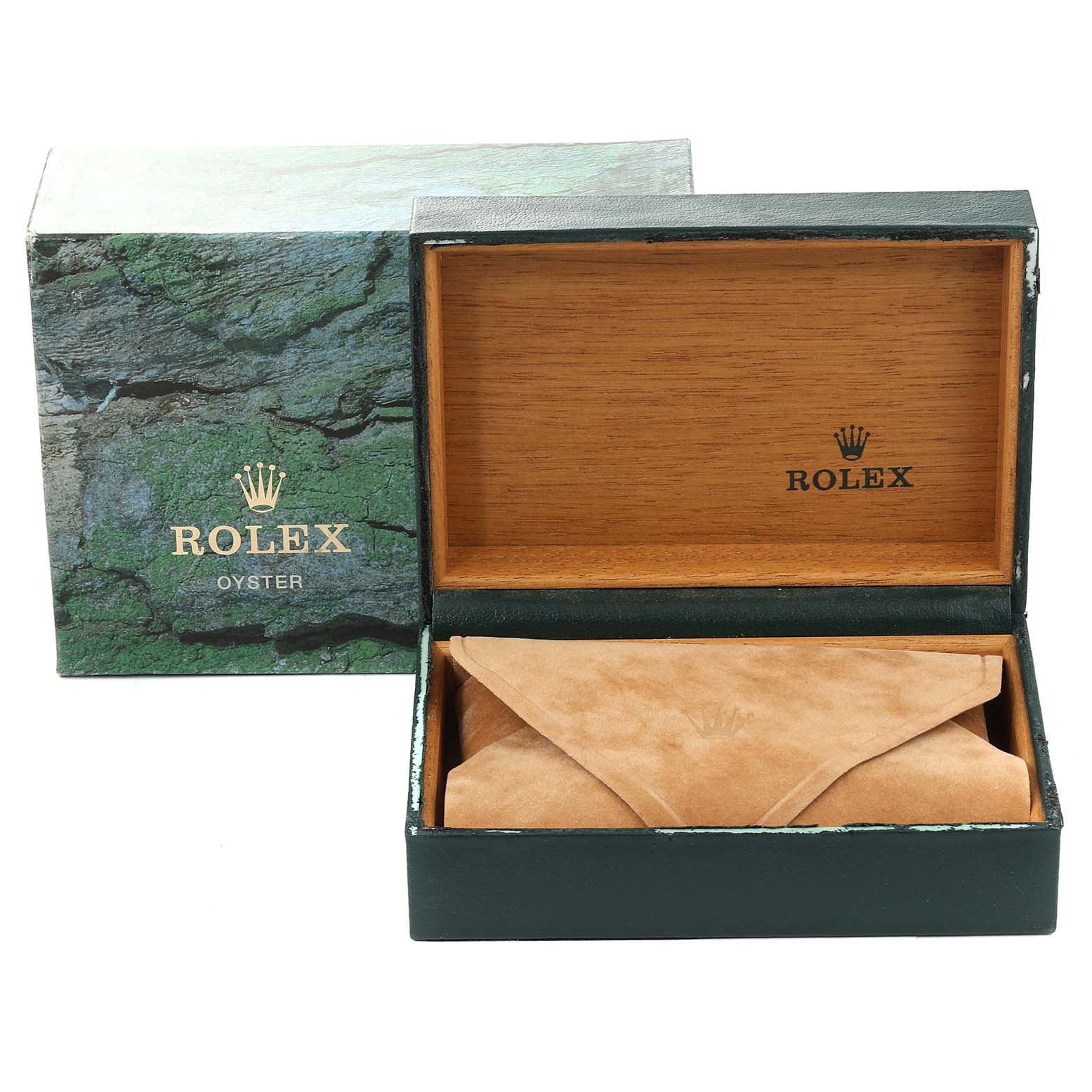 The image shows the open box and leather pouch for a Rolex Submariner 168000 Men
s Stainless Steel Black Dial 168000 Men
s Stainless Steel Black Dial watch, with the exterior packaging.