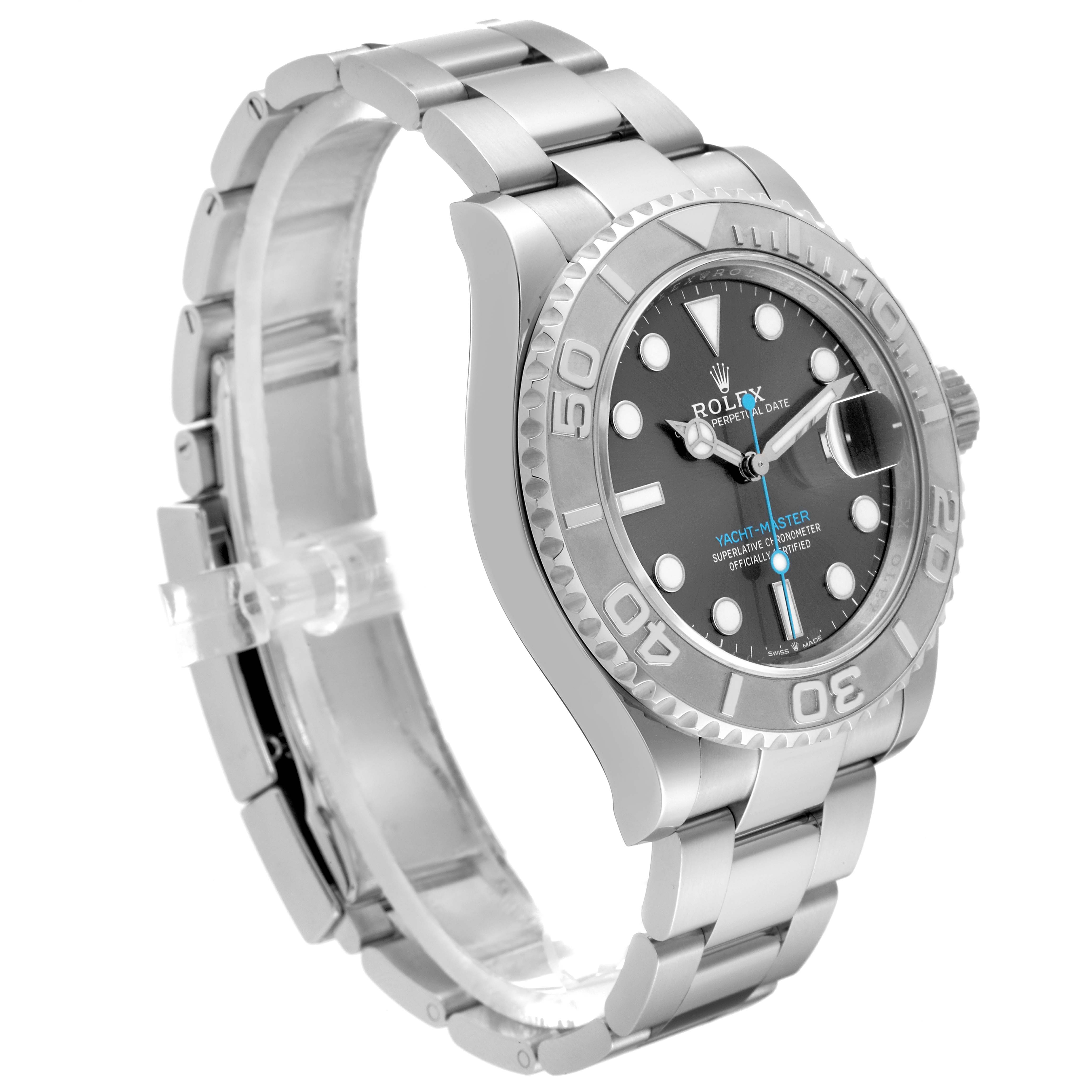 The image shows a Rolex Yacht-Master 126622 Men's Stainless Steel Grey Dial 126622 Men's Stainless Steel Grey Dial watch at a slight angle from the left side, highlighting the dial, bezel, and bracelet.