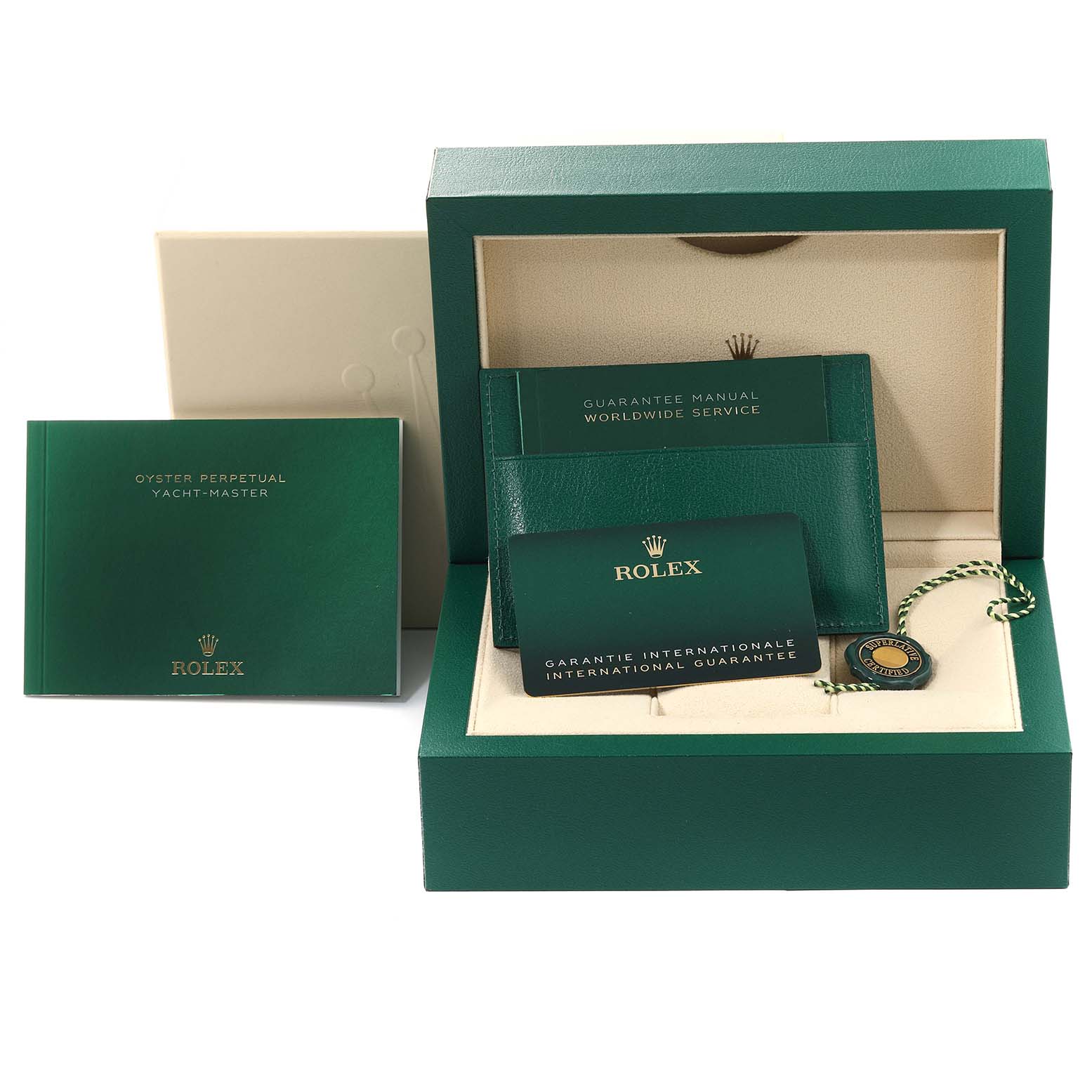The image shows the Rolex Yacht-Master 126622 Men's Stainless Steel Grey Dial 126622 Men's Stainless Steel Grey Dial's box, guarantee manual, international guarantee card, and booklet.