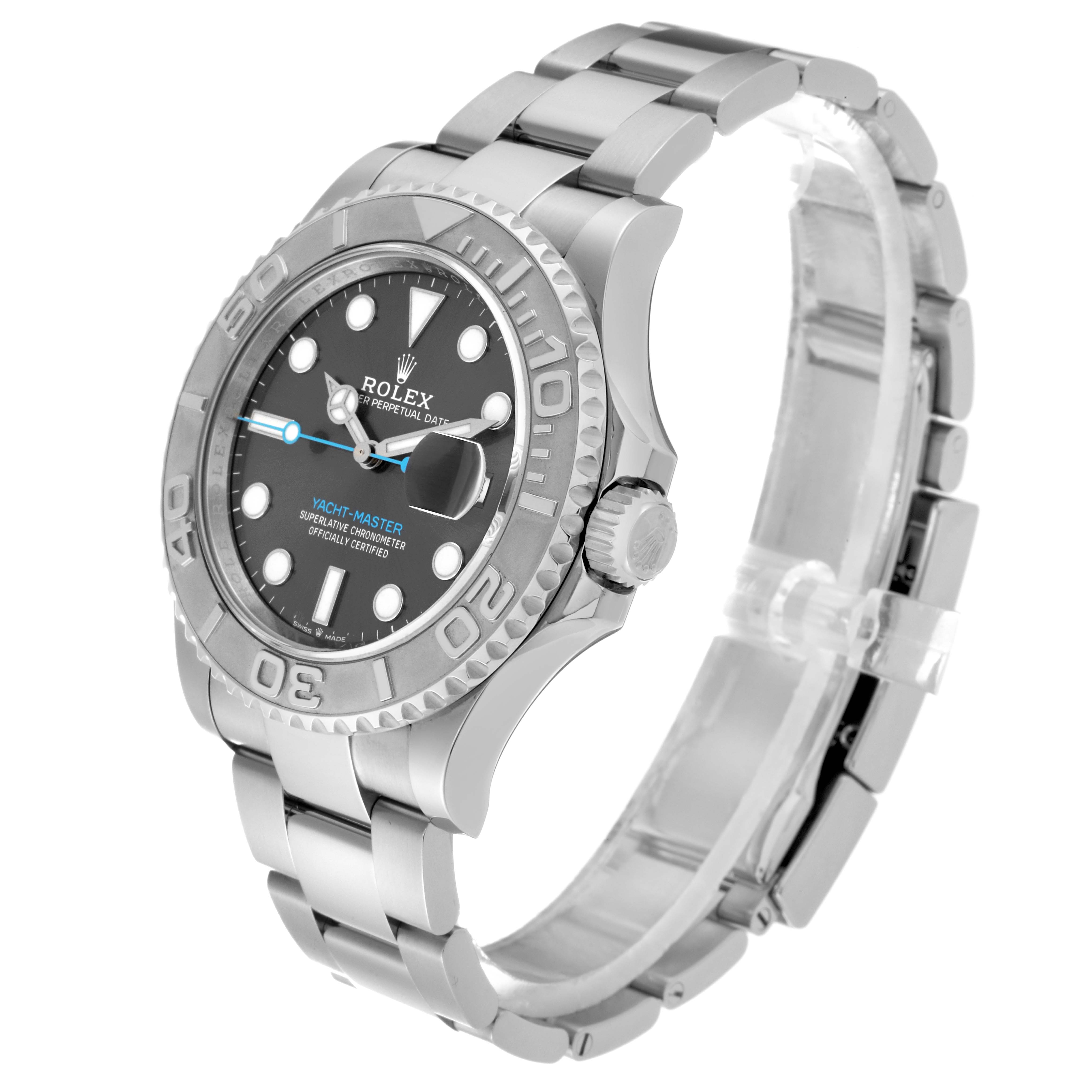 The Rolex Yacht-Master 126622 Men's Stainless Steel Grey Dial 126622 Men's Stainless Steel Grey Dial watch is shown at an oblique angle, displaying the face, bezel, crown, and bracelet.