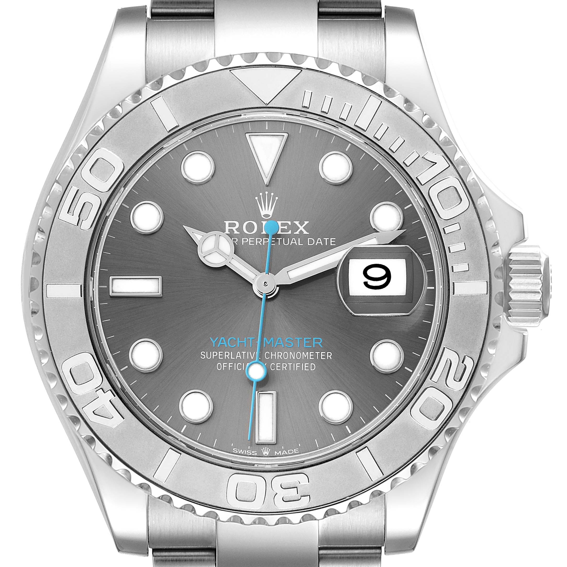 The image shows a frontal view of a Rolex Yacht-Master 126622 Men's Stainless Steel Grey Dial 126622 Men's Stainless Steel Grey Dial watch, displaying the face, bezel, and part of the bracelet.