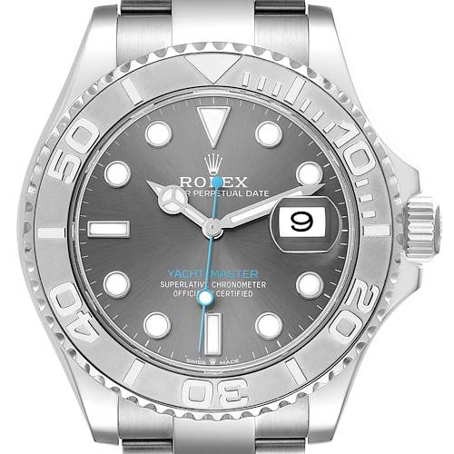 This image shows a frontal view of the Rolex Yacht-Master watch, highlighting the dial, bezel, and date display.