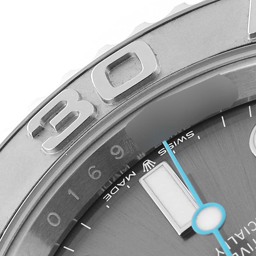 A close-up image of the Rolex Yacht-Master 126622 Men's Stainless Steel Grey Dial 126622 Men's Stainless Steel Grey Dial watch showing part of the dial and the bezel at a slight angle.