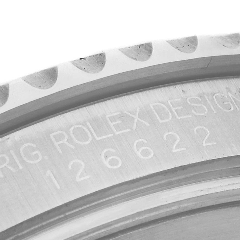 This image shows a close-up angle of the Rolex Yacht-Master 126622 Men's Stainless Steel Grey Dial 126622 Men's Stainless Steel Grey Dial's bezel and engraved design details.