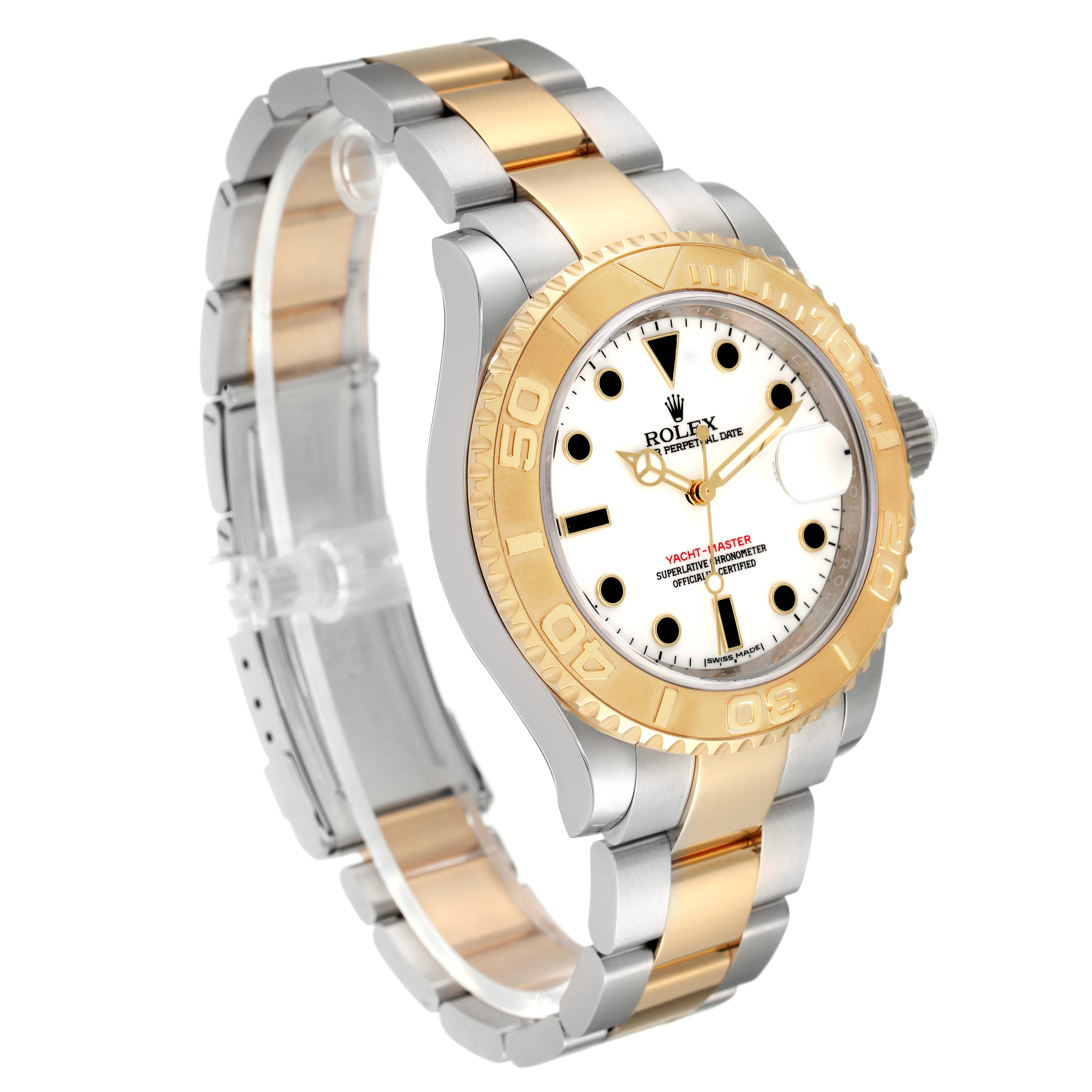 This Rolex Yacht-Master 16623 Men
s Steel and Gold (two tone) White Dial 16623 Men
s Steel and Gold (two tone) White Dial watch is shown at a three-quarter angle, displaying the dial, bezel, and two-tone bracelet.