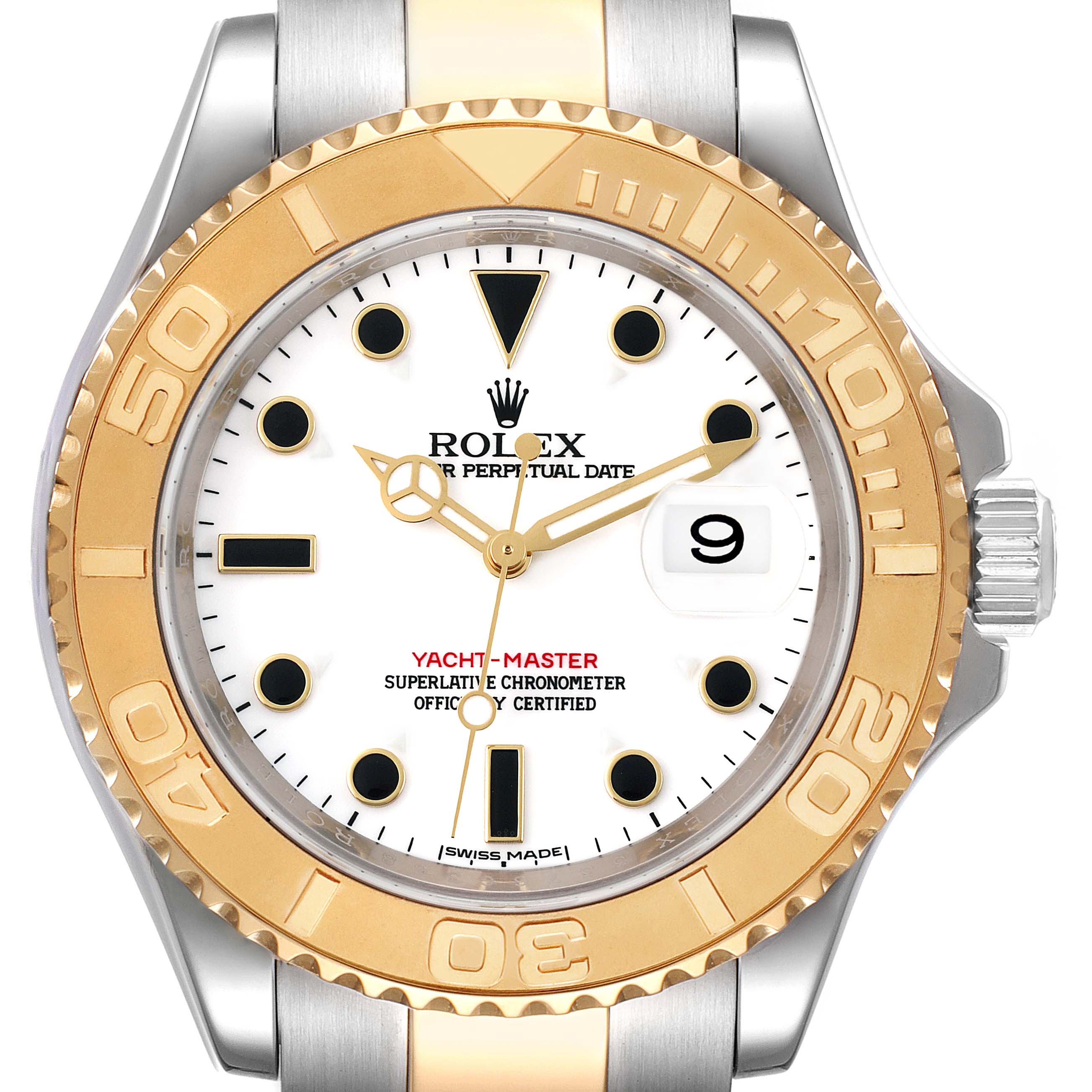 The Rolex Yacht-Master 16623 Men
s Steel and Gold (two tone) White Dial 16623 Men
s Steel and Gold (two tone) White Dial watch is shown from the front, highlighting its gold bezel, white dial, and date display.