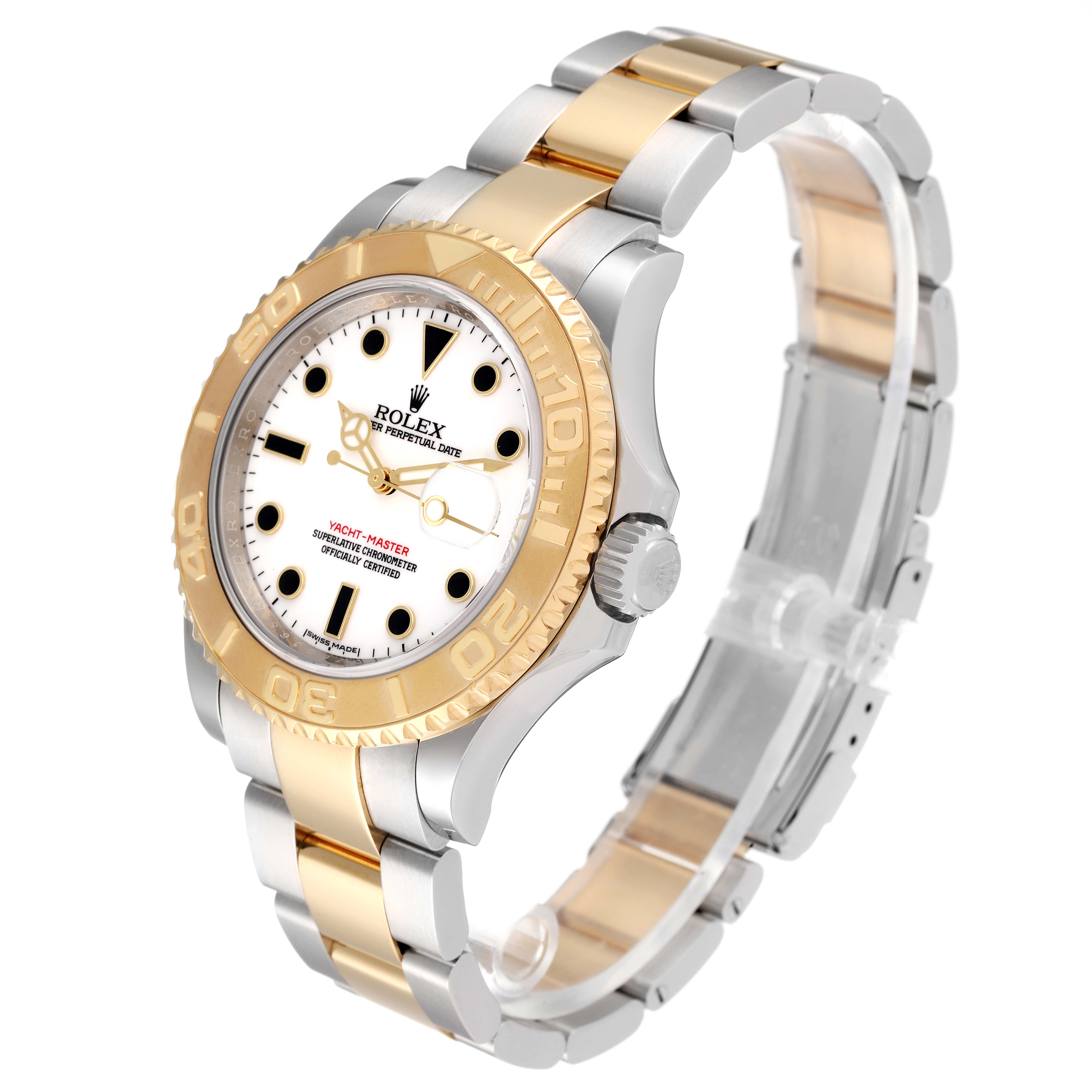 The Rolex Yacht-Master 16623 Men
s Steel and Gold (two tone) White Dial 16623 Men
s Steel and Gold (two tone) White Dial watch is shown at an angled view, highlighting its two-tone bracelet, bezel, and dial.