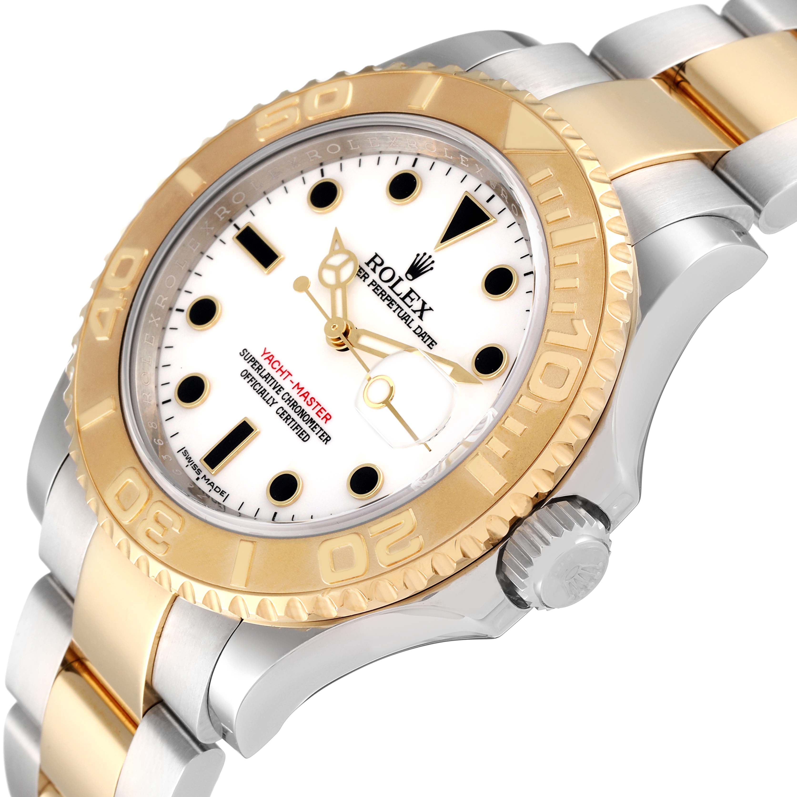 The Rolex Yacht-Master 16623 Men
s Steel and Gold (two tone) White Dial 16623 Men
s Steel and Gold (two tone) White Dial watch is shown from an angled view, displaying the dial, bezel, crown, and part of the bracelet.