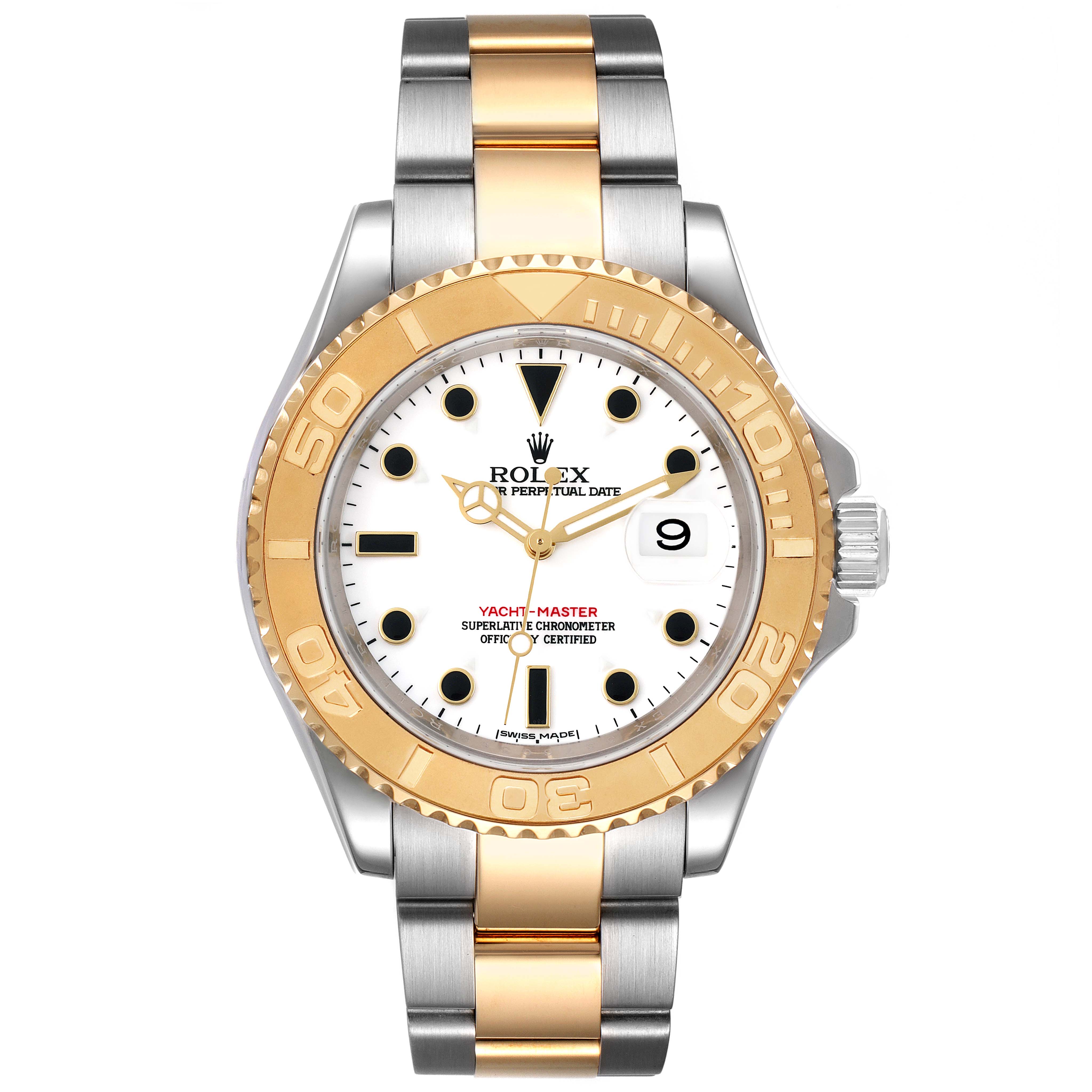 The Rolex Yacht-Master 16623 Men
s Steel and Gold (two tone) White Dial 16623 Men
s Steel and Gold (two tone) White Dial watch is shown from a front angle, displaying the dial, bezel, and bracelet.
