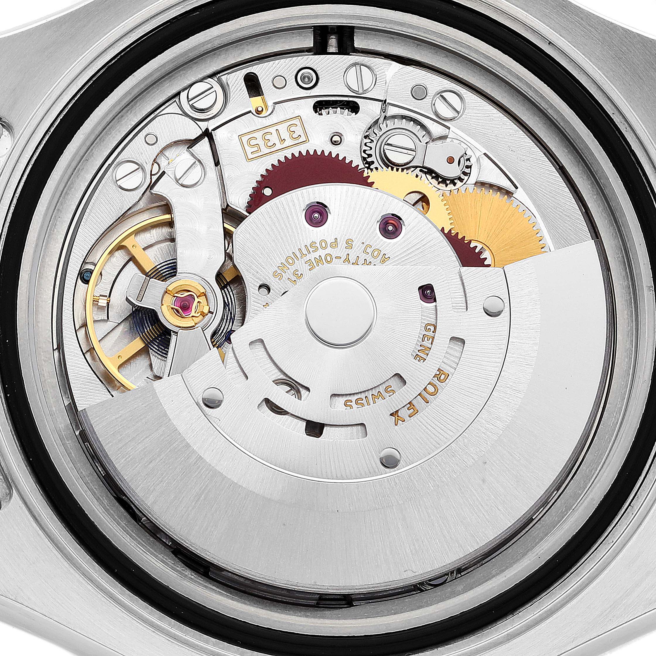 The image shows the internal mechanical movement of the Rolex Yacht-Master 16623 Men
s Steel and Gold (two tone) White Dial 16623 Men
s Steel and Gold (two tone) White Dial watch from a back angle.