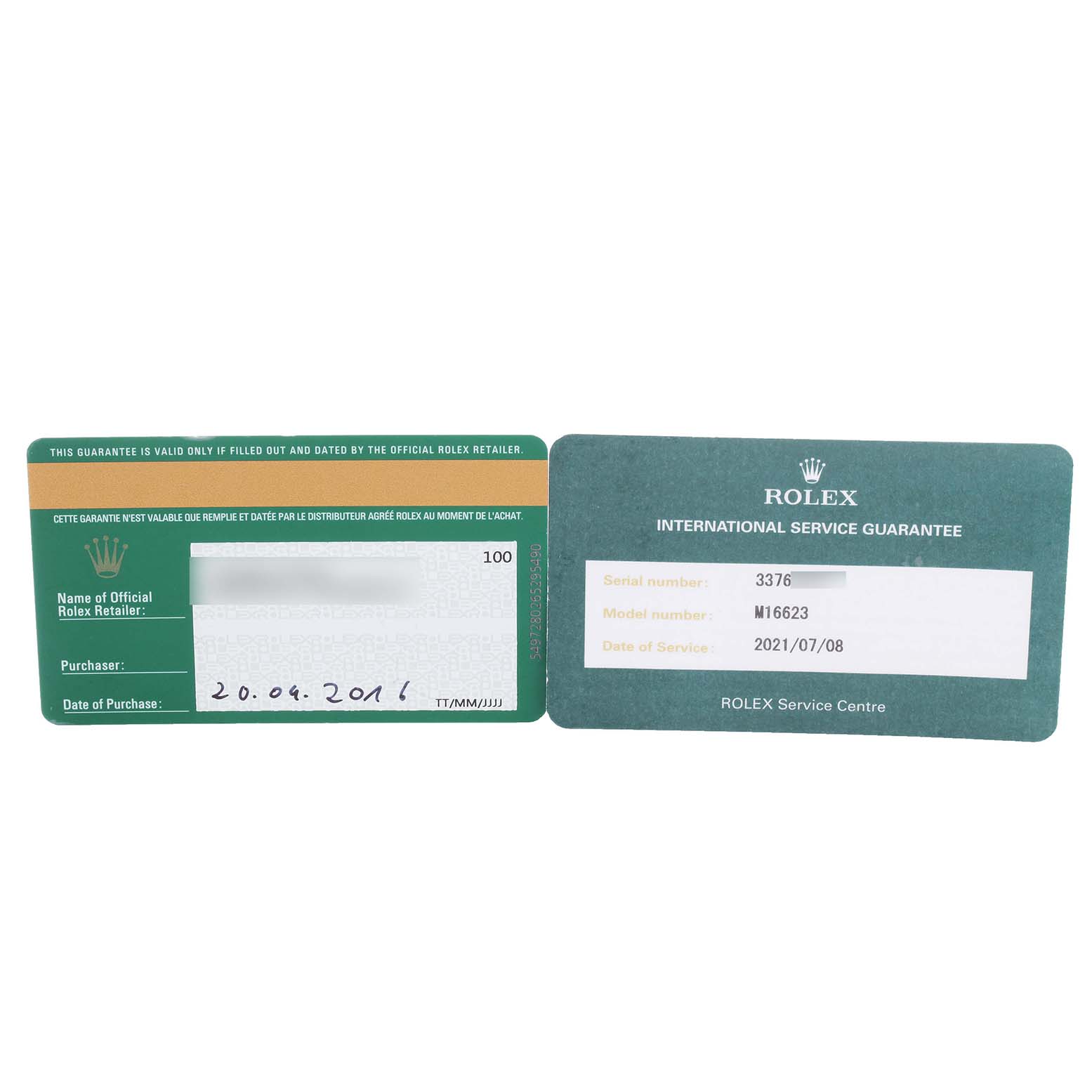 The image shows two cards for the Rolex Yacht-Master 16623 Men
s Steel and Gold (two tone) White Dial 16623 Men
s Steel and Gold (two tone) White Dial model: a warranty card and an international service guarantee card.