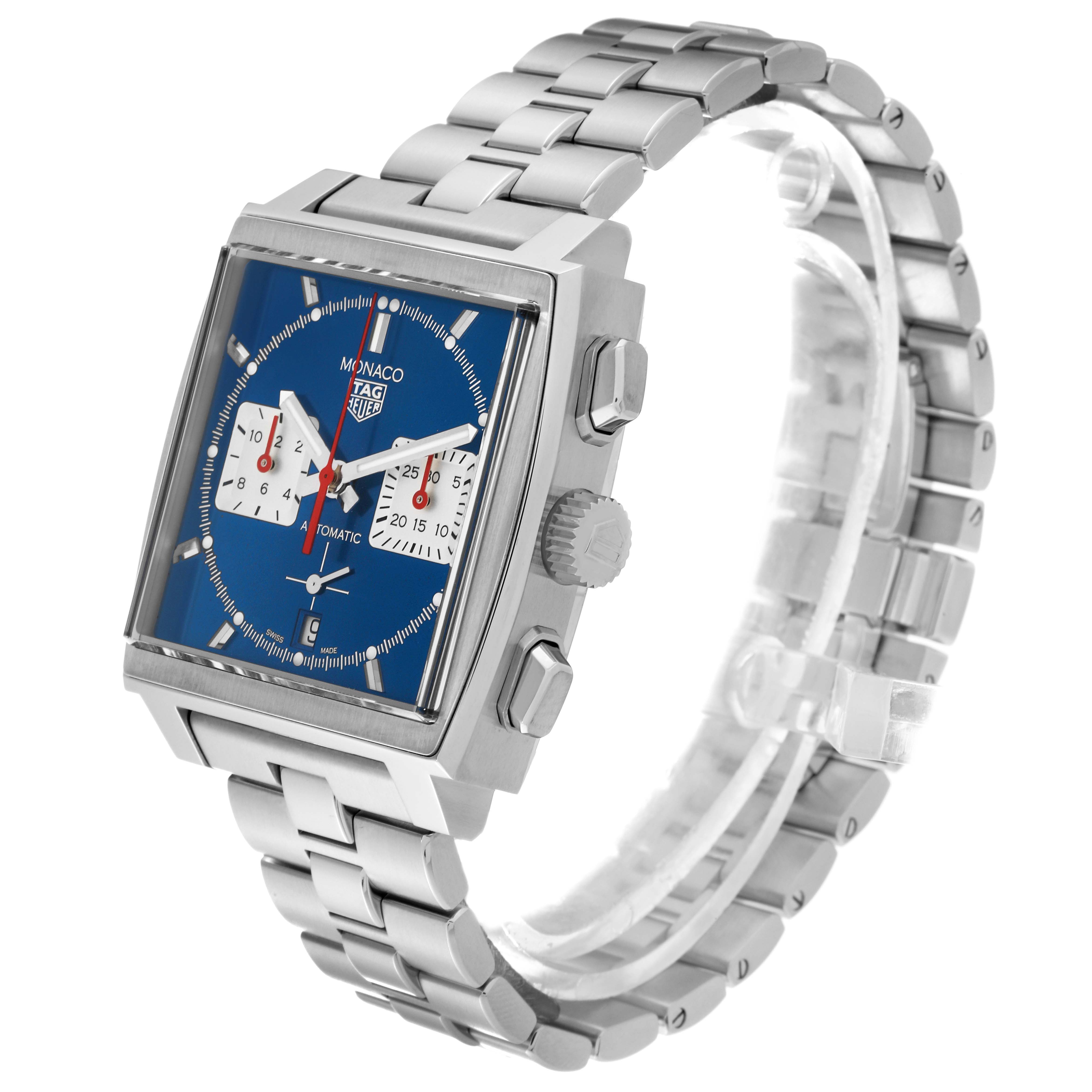 The image shows a side-angle view of the Tag Heuer Monaco CBL2111.BA0644 Men's Stainless Steel Blue Dial CBL2111.BA0644 Men's Stainless Steel Blue Dial watch, highlighting the face, bezel, crown, pushers, and bracelet.